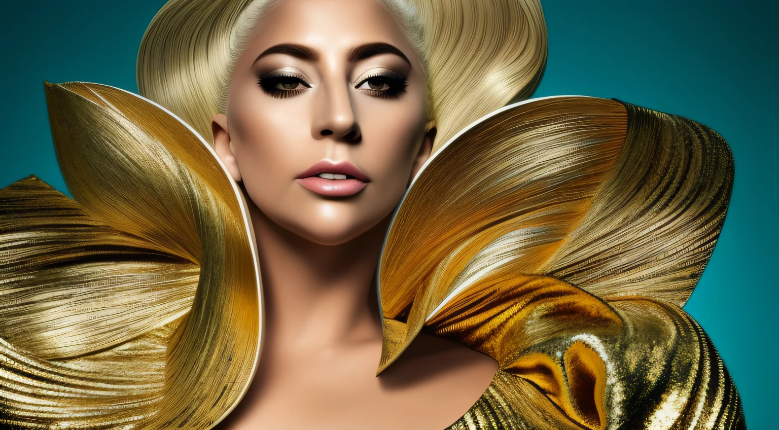 um close up de uma loira de cabelos compridos, em um vestido com uma s, three-point lighting , an album cover, Lady Gaga Artpop Act II álbum, Standing on gold leaf