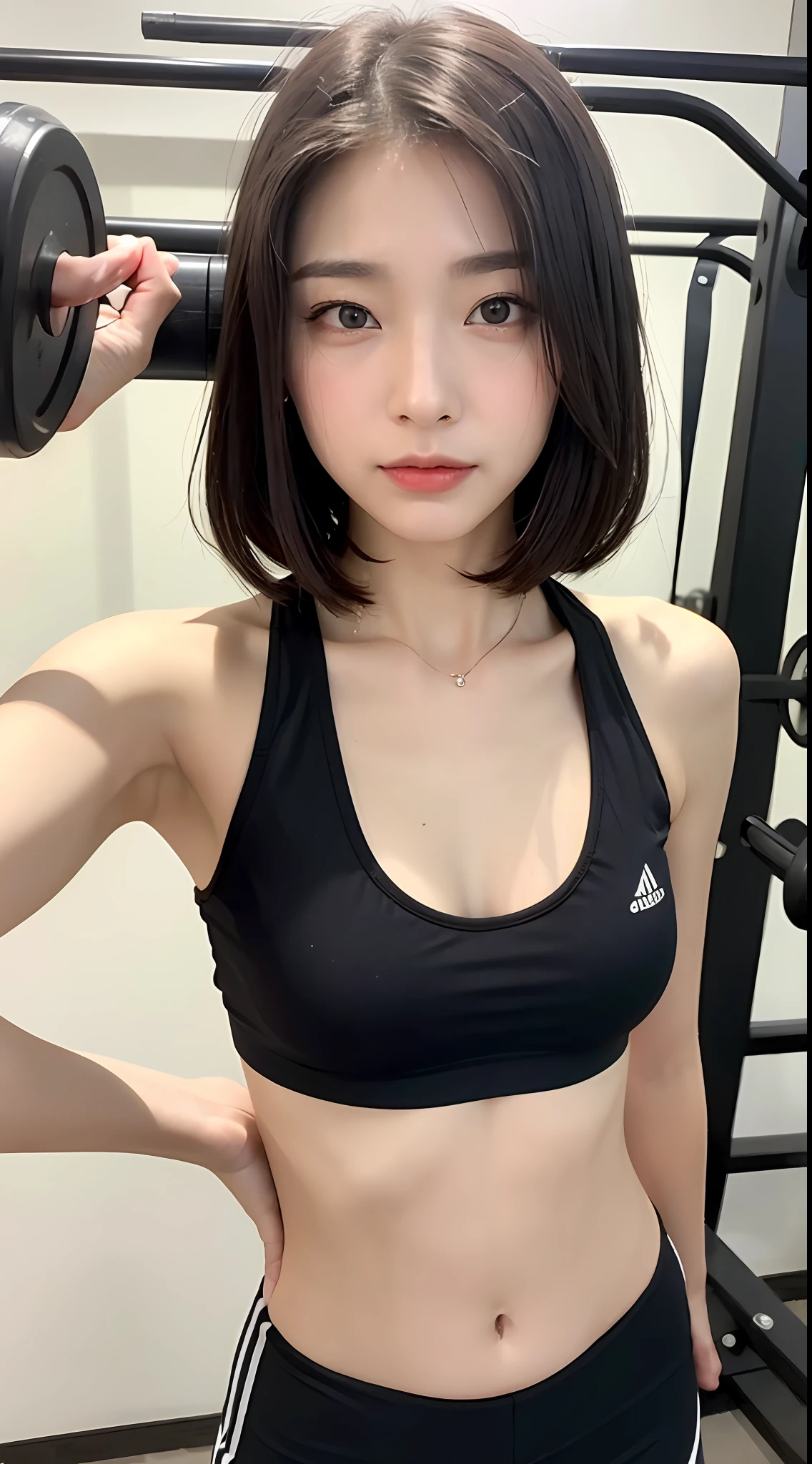 (yinchuan:1.5),, ​masterpiece, top-quality, Raw foto, Photorealsitic, large full breasts、beautiful and flawless face,  Soft smile、20 years girl、training gym、Red Workout Wear、Navel reveals appearance、short-hair、depth of fields, hight resolution, ultra-detailliert, finely detail, ighly detailed, extremely detailed eye and face, Sharp pupils, Realistic pupils,