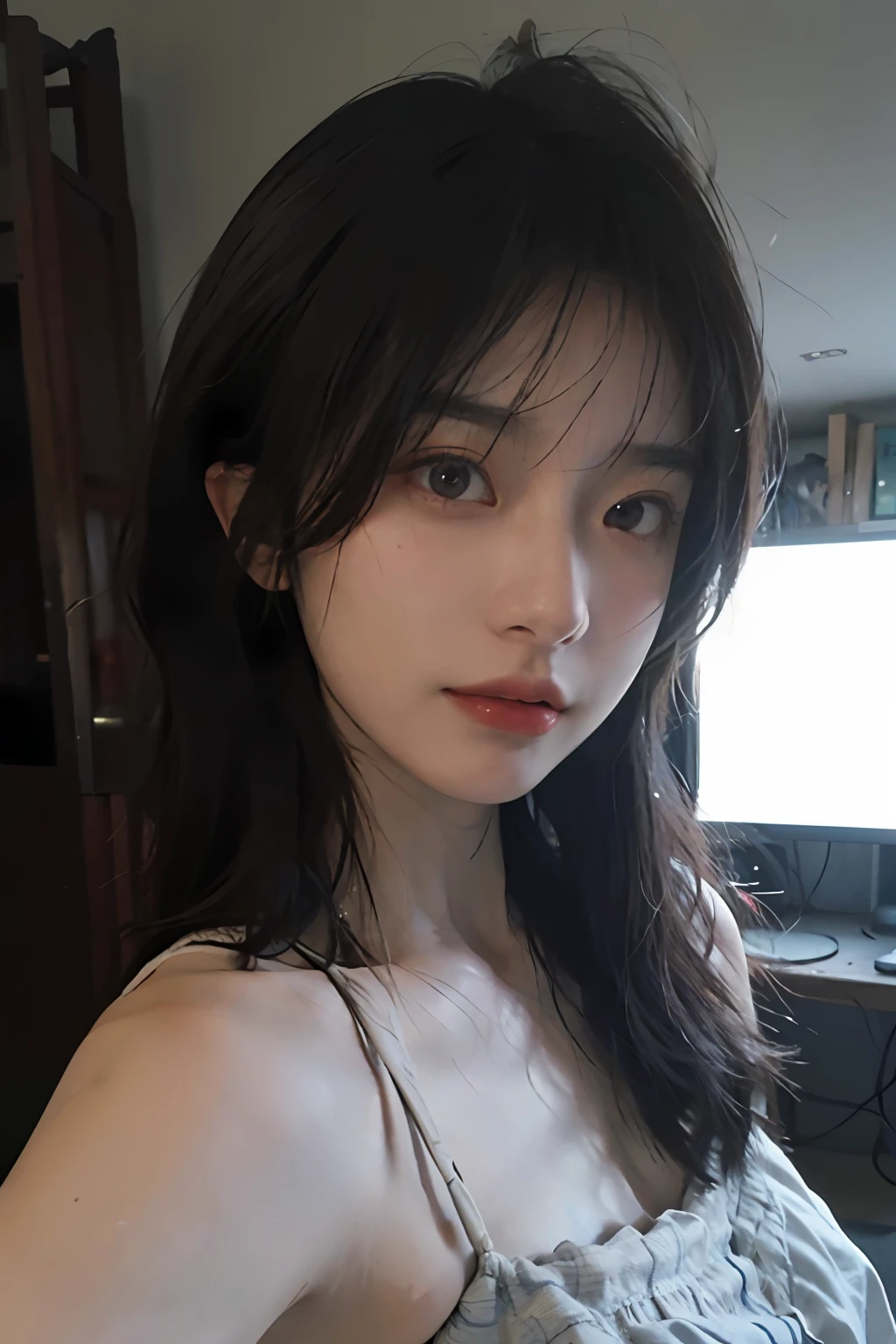 8K, Best Quality, Masterpiece, Ultra High Resolution, (Realism: 1.4), Original Photo, (Realistic Skin Texture: 1.3), (Film Grain: 1.3), (Selfie Angle), 1 Girl, Beautiful Eyes and Face Details, Masterpiece, Best Quality, Close-up, Upper Body, Looking at the Viewer