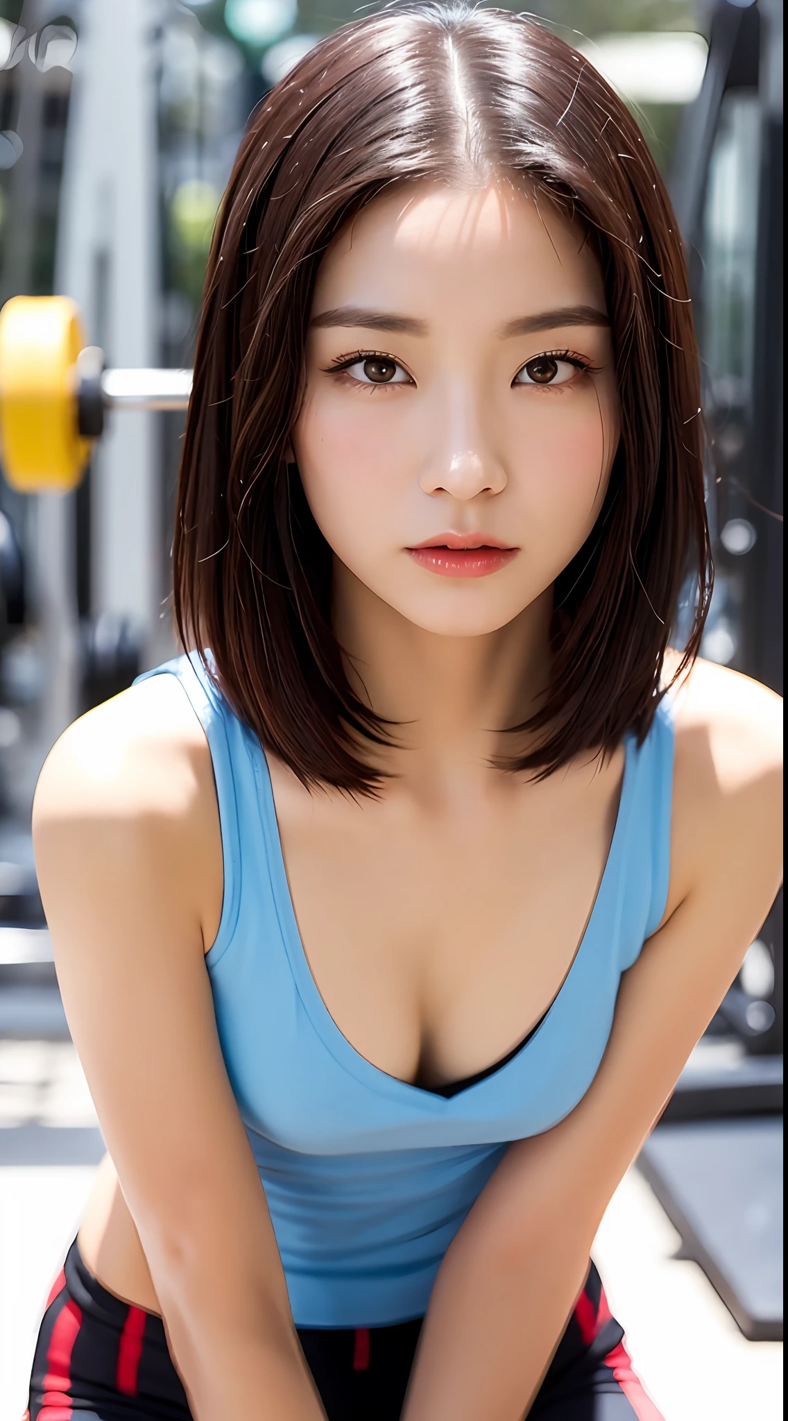 (yinchuan:1.5),, masterpiece, top-quality, Raw foto, Photorealsitic, large full breasts、beautiful and flawless face, Soft smile、20 years girl、training gym、Red workout wear、Navel Reveal Look、short-hair、depth of fields, hight resolution, ultra-detailliert, finely detail, ighly detailed, extremely detailed eye and face, Sharp pupils, Realistic pupils,crouching down