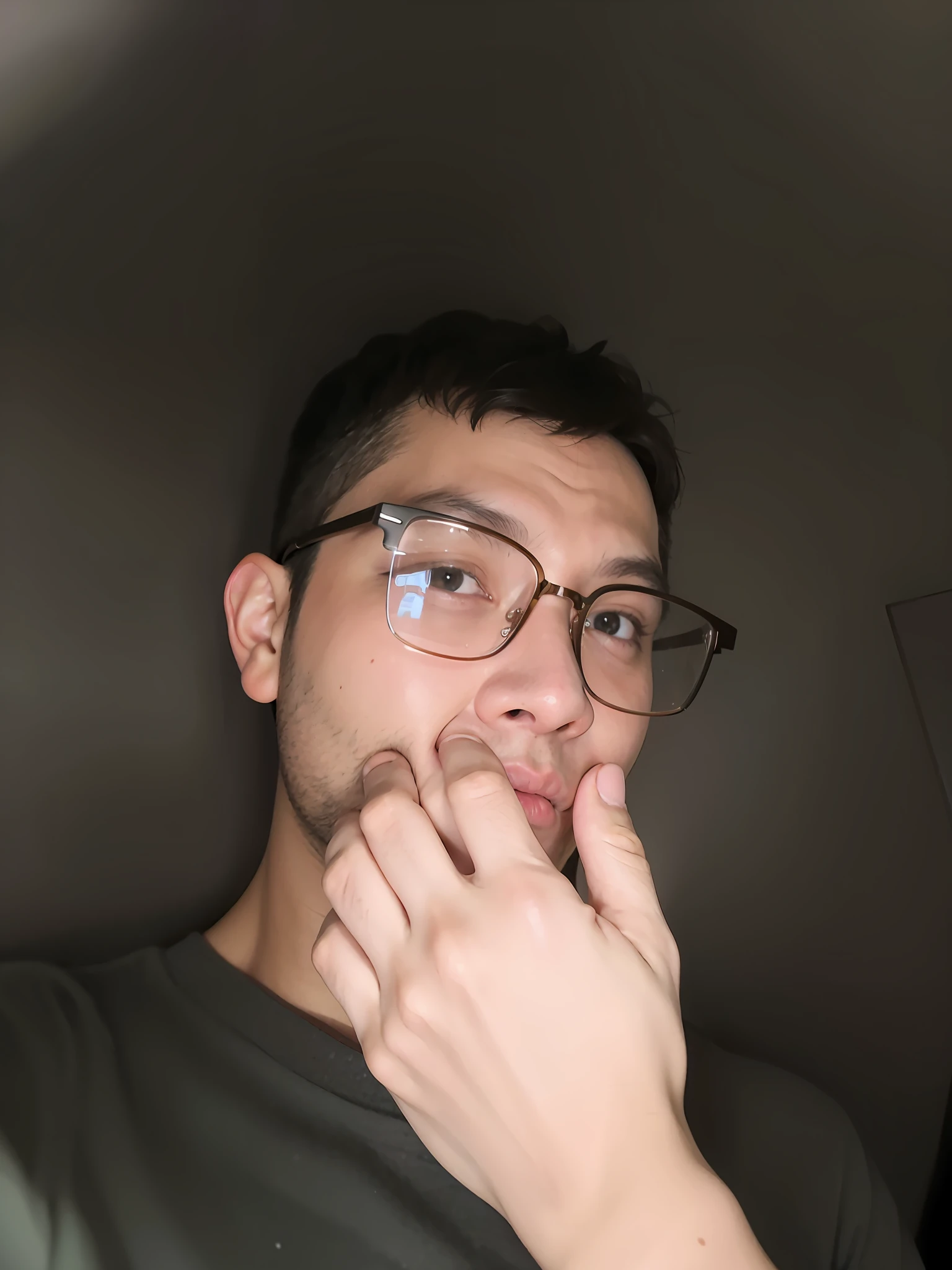 There was a man with glasses taking a picture of himself, 8k selfie photograph, very very low quality picture, With glasses, eye glass, low quality photo, wears glasses, very very low quality, Without glasses, 2 , with small nose, professional profile picture, Narrow Nose, 2 7 years oldunblurred face