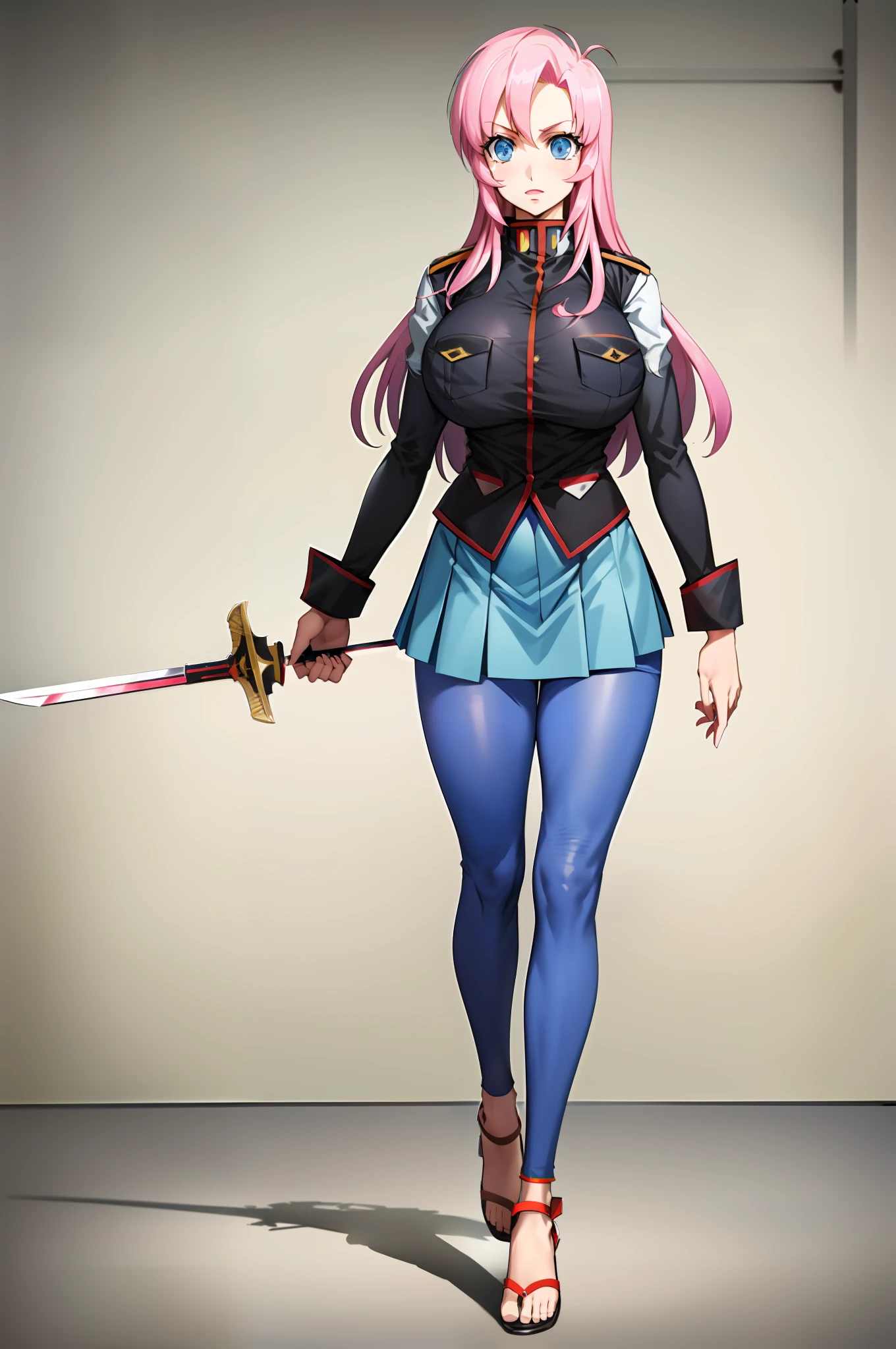 utena, , skirt, vest, noble, militari uniform, big breast, tall female, flip flops, full body, holding sword, pantyhose, , walking, pants,huge breast