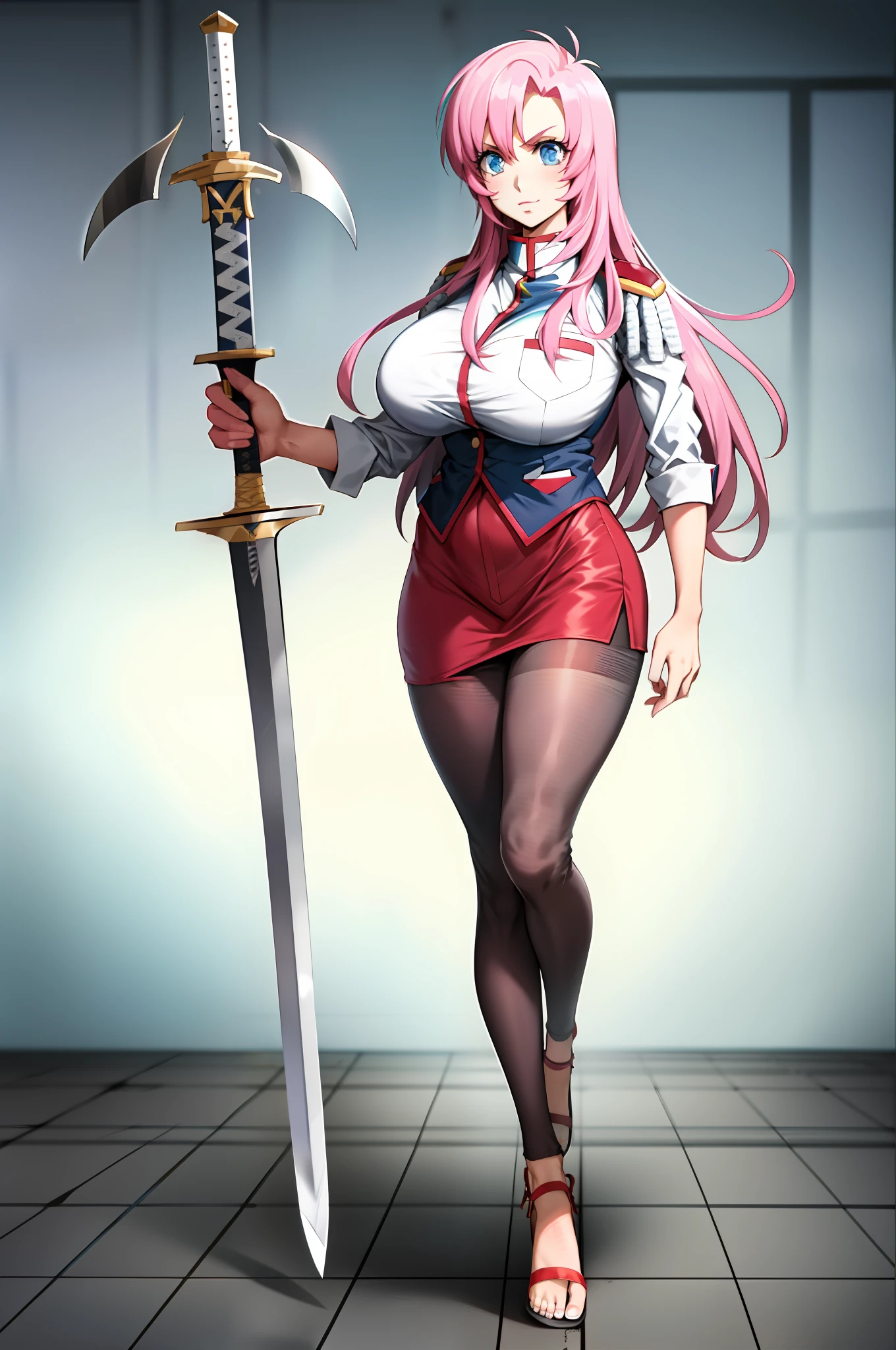 utena, , skirt, vest, noble, militari uniform, big breast, tall female, flip flops, full body, holding sword, pantyhose, , walking, pants,huge breast