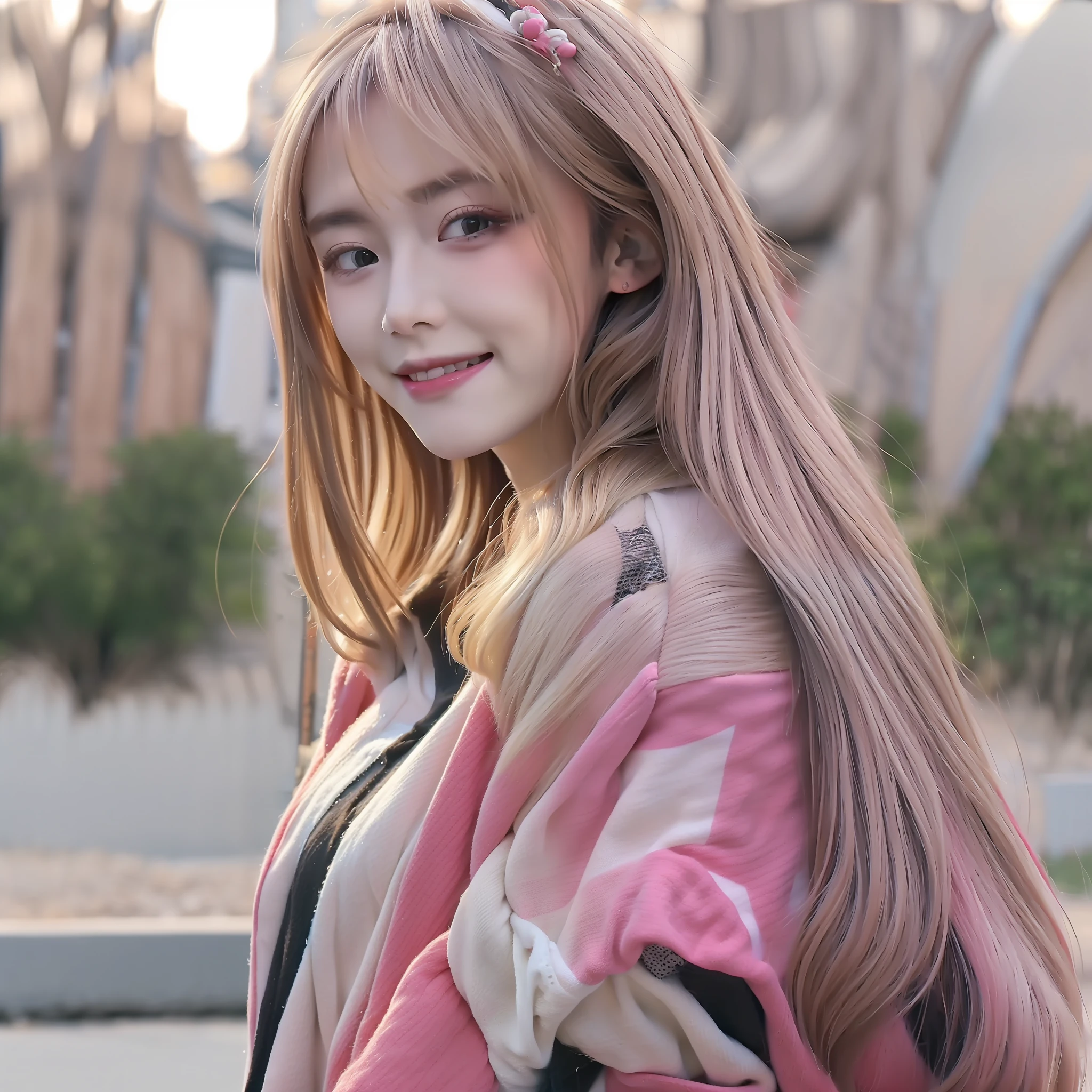 "((Beautiful picture, Best quality, k hd, Excellent depiction, Beautiful standing painting, outside,parks, It's exciting), (girl with super long hair+blond girl:1.2), Unique temperament, ssmile, Exudes fragrance,Pink and black JK,) "