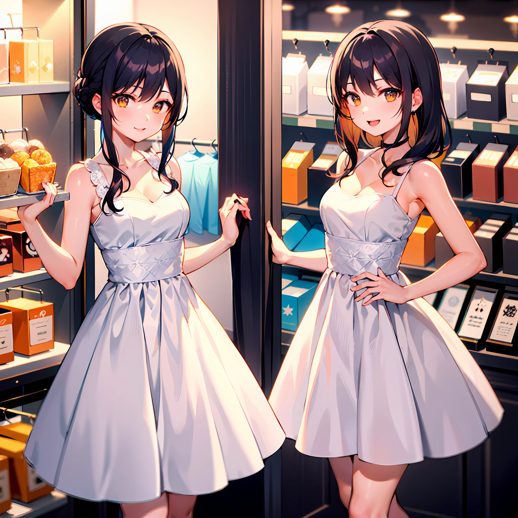 (Morning),( 1girll:1.2), 独奏, looking at viewert,(white dresses:1.2),Impeccable,prette,Excellent figure,夏天,Cowboy shooting,having fun,brunette color hair,Inside the store,inside in room,the night,natta,Orange light