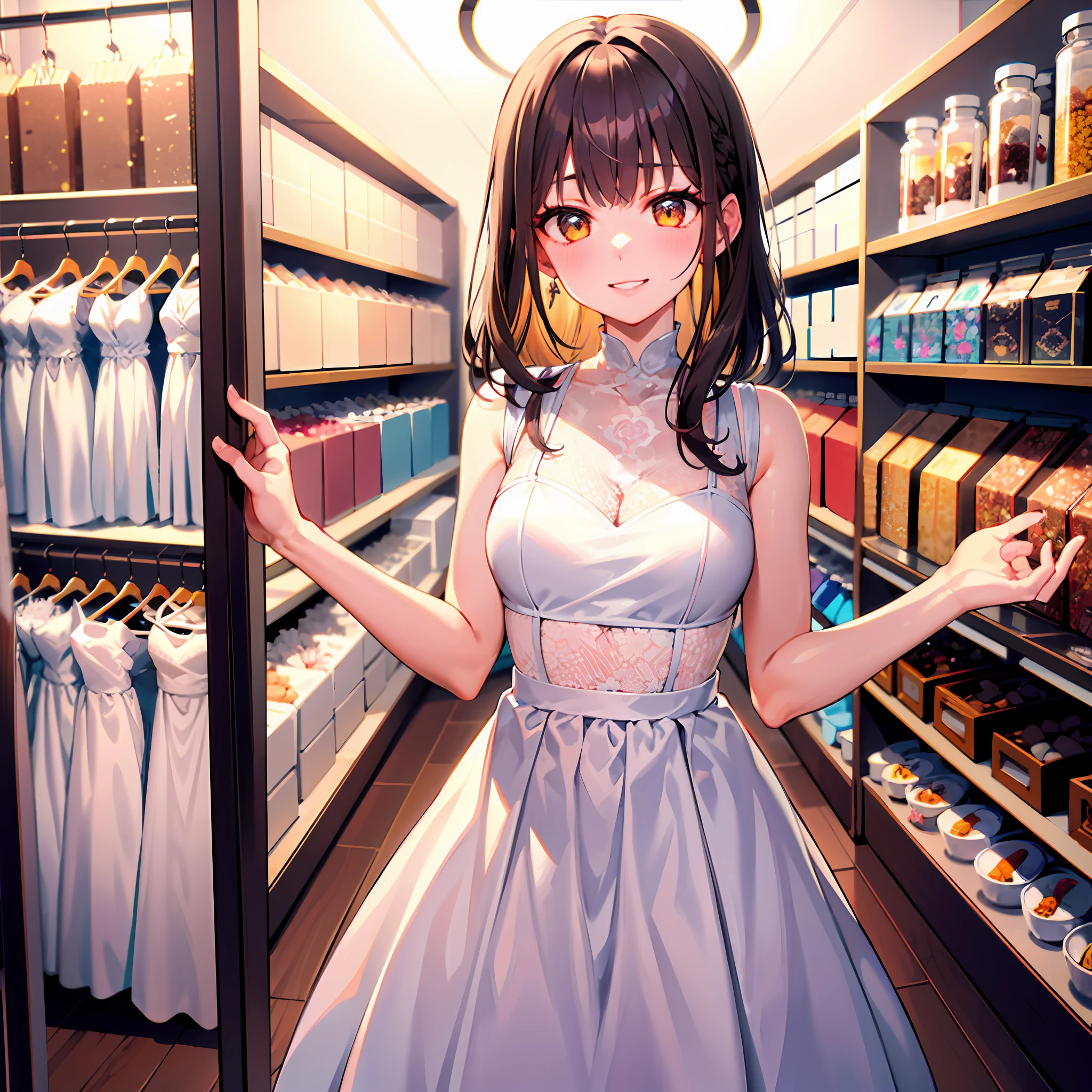 (Morning),( 1girll:1.2), 独奏, looking at viewert,(white dresses:1.2),Impeccable,prette,Excellent figure,夏天,Cowboy shooting,having fun,brunette color hair,Inside the store,inside in room,the night,natta,Orange light
