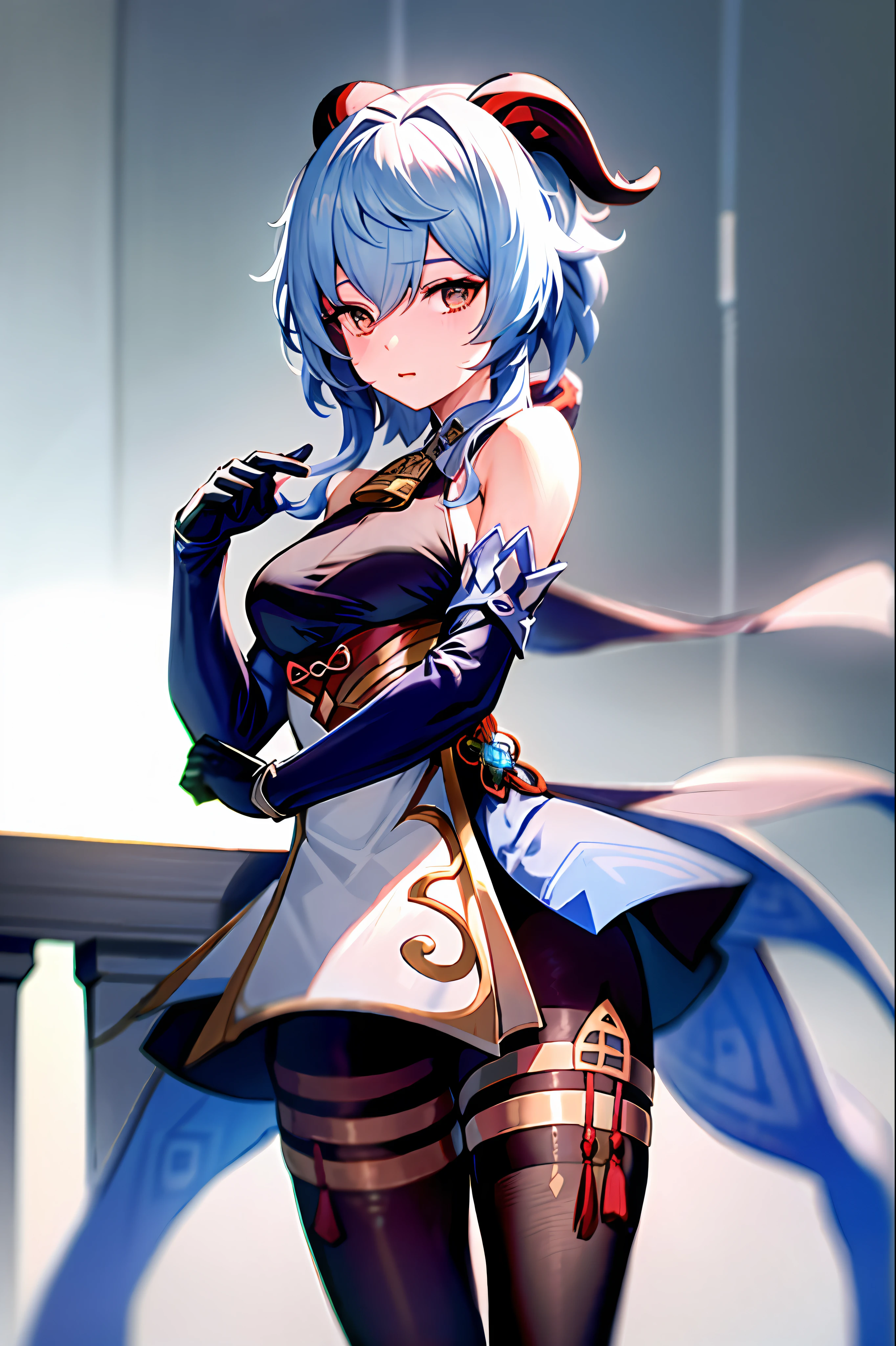 masterpiece, (photorealistic:1.5), best quality, beautiful lighting, real life,
ganyu \(genshin impact\), 1girl, ahoge, architecture, bangs, bare shoulders, bell, black gloves, black pantyhose, (blue hair), blush, breasts, chinese knot, detached sleeves, east asian architecture, flower knot, gloves, horns, long hair, looking at viewer, medium breasts, neck bell, night, outdoors, pantyhose, purple eyes, sidelocks, solo, tassel, white sleeves, (ulzzang-6500:0.5)
, intricate, high detail, sharp focus, dramatic, beautiful girl , (RAW photo, 8k uhd, film grain), caustics, subsurface scattering, reflections