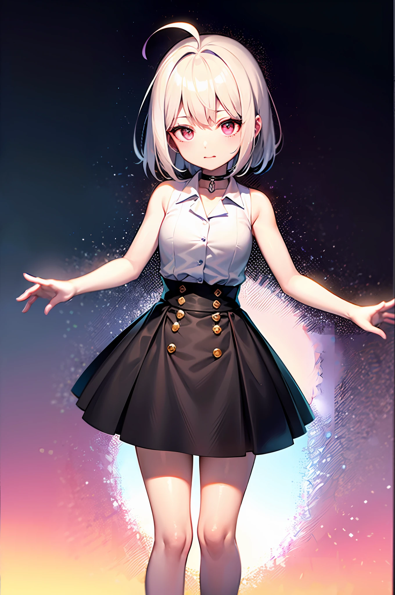 best quality, ultra high res, 1girl, sleeveless white button shirt, black skirt, black choker, cute, (Kpop idol), (aegyo sal:1), (platinum blonde hair:1), ((puffy eyes)), looking at viewer, full body, facing front