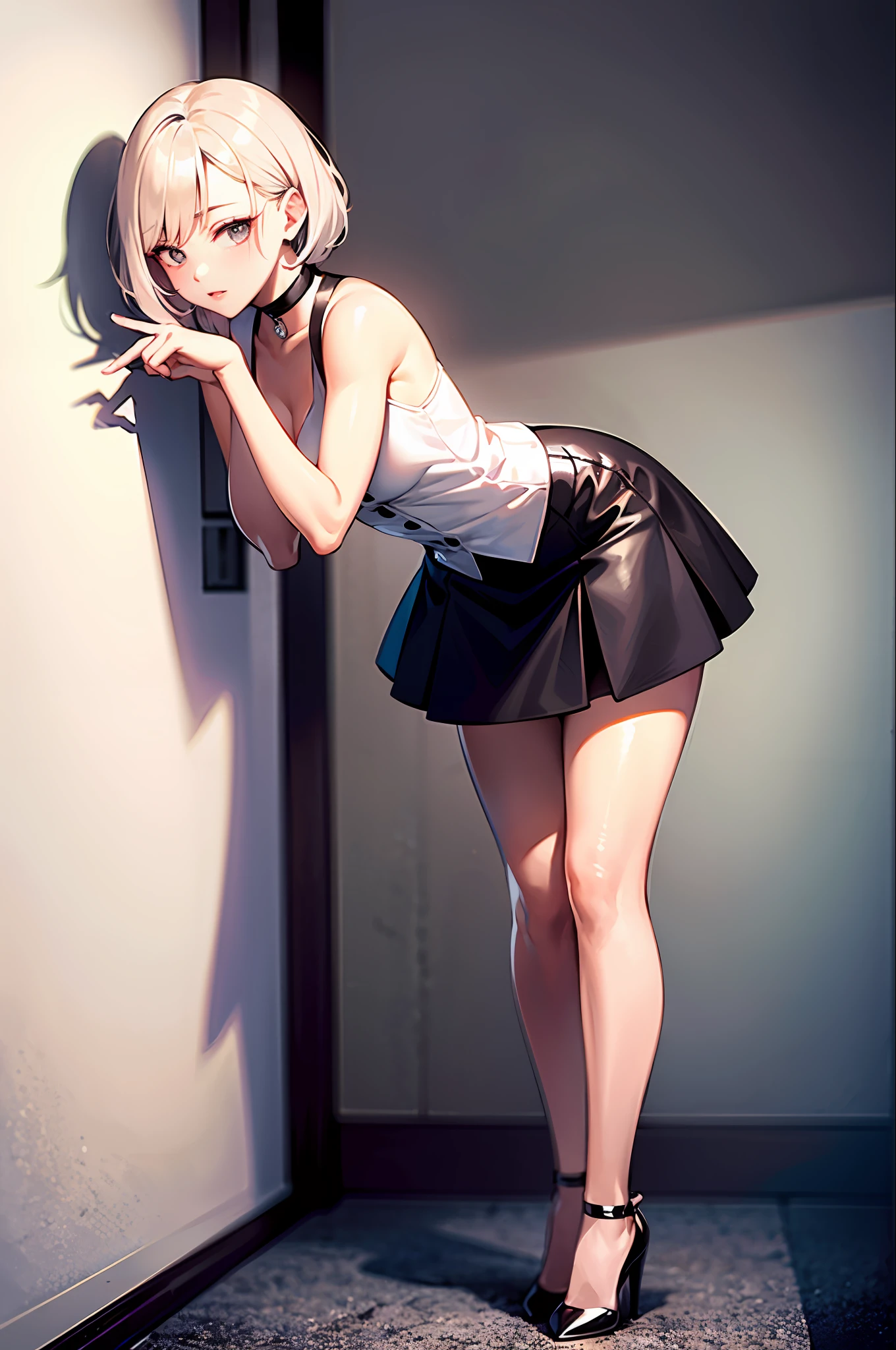 best quality, ultra high res, 1girl, sleeveless white button shirt, black skirt, black choker, cute, (Kpop idol), (aegyo sal:1), (platinum blonde hair:1), ((puffy eyes)), looking at viewer, full body, facing front