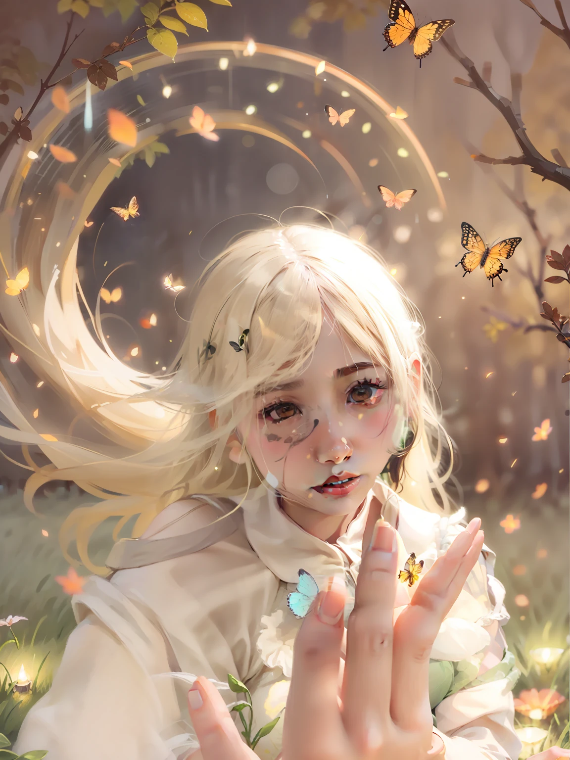 There is a dreamy night view of fireflies and butterflies flying on the lawn