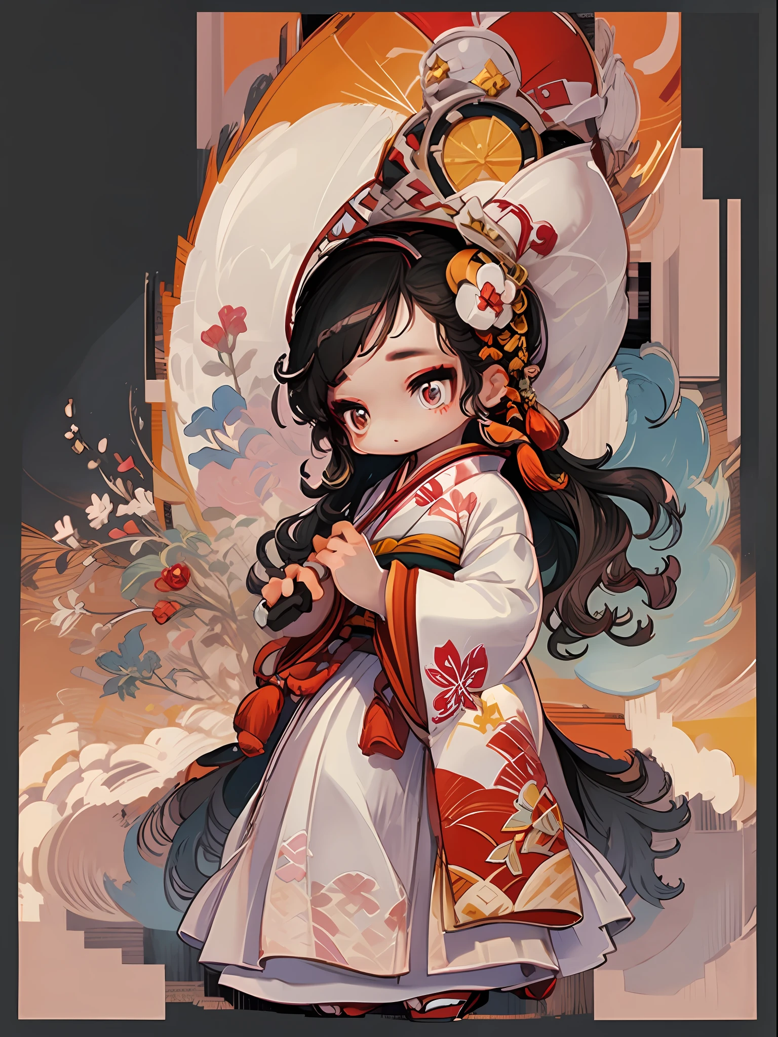 girl, transparent umbrella, Kimono, Beautiful, chinese moon gate, Full body, sit, creative bacground,