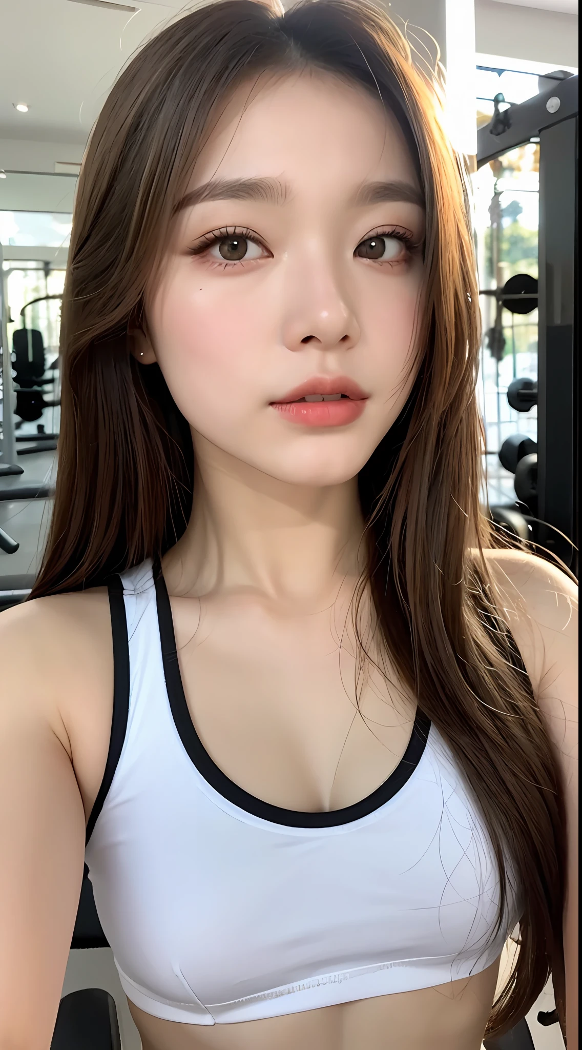 (yinchuan:1.5),, ​masterpiece, top-quality, Raw foto, Photorealsitic, large full breasts、beautiful and flawless face,  Soft smile、20 years girl、training gym、Red Workout Wear、I put out my belly button、Middle hair、depth of fields, hight resolution, ultra-detailliert, finely detail, ighly detailed, extremely detailed eye and face, Sharp pupils, Realistic pupils,