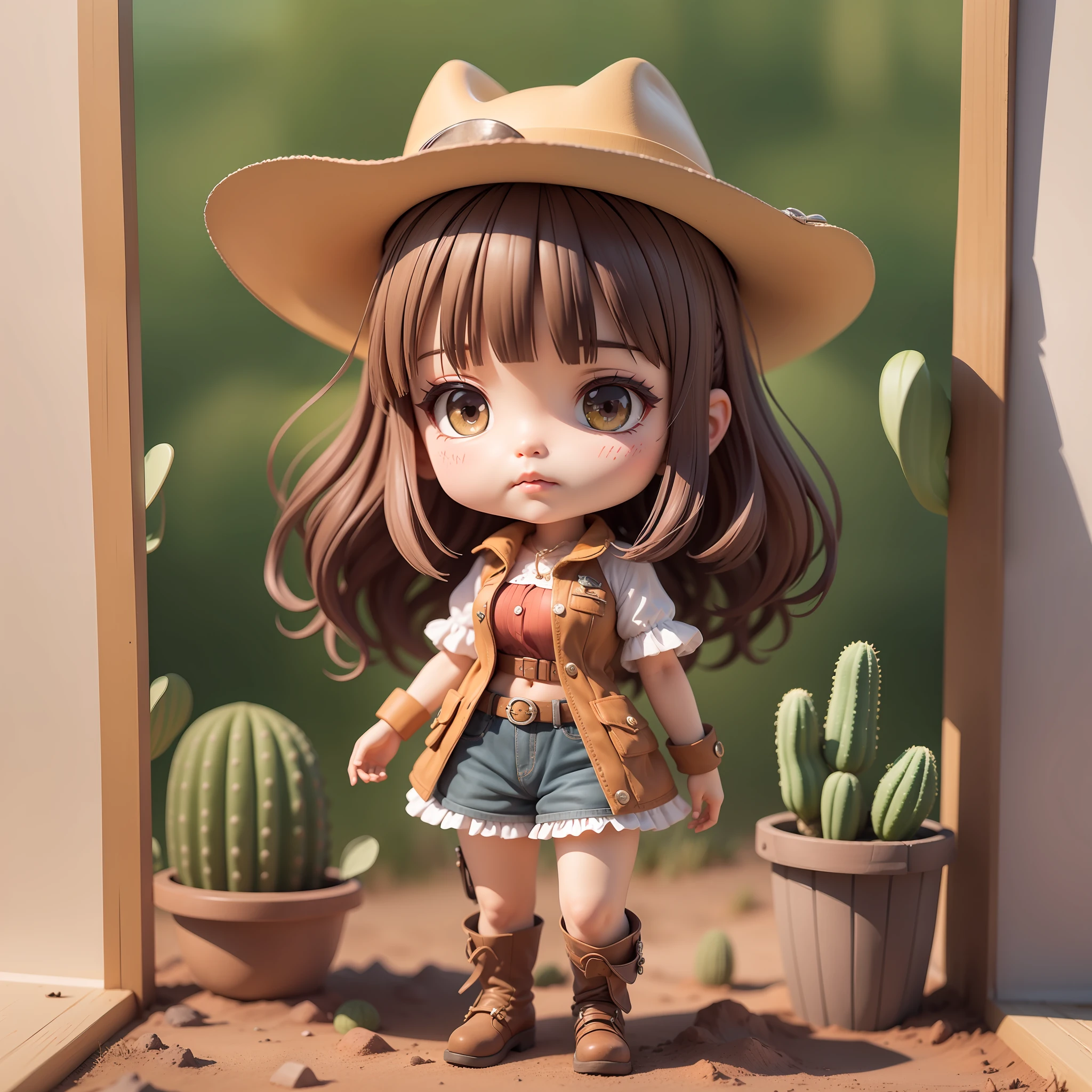 ​masterpiece、top-quality、Lots of detail、(full body Esbian:1.2)、Chibi、cow girl、A dark-haired、Western Hat、Western Boots、rodeo、Western drama、Pattsun bangs、Hakuba、cacti、3d rendered、Q printmaking style、Wasteland、a revolver