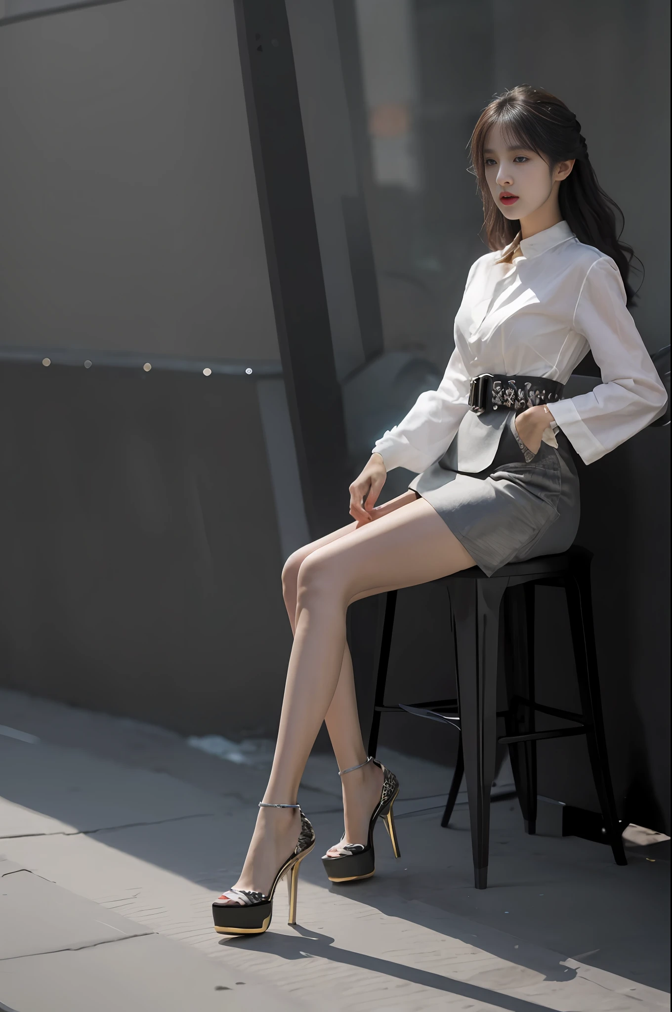 Alabi sat in a chair in a white shirt and black dress, korean women's fashion model, wearing elegant outfits, wearing elegant casual clothes, elegant fashion model, very beautiful long slim legs, elegant girl in urban outfit, high fashion classy, Gorgeous young Korean woman, high - end fashion photoshoot, elegant legs, very beautiful slim legs，Wear silver high heels