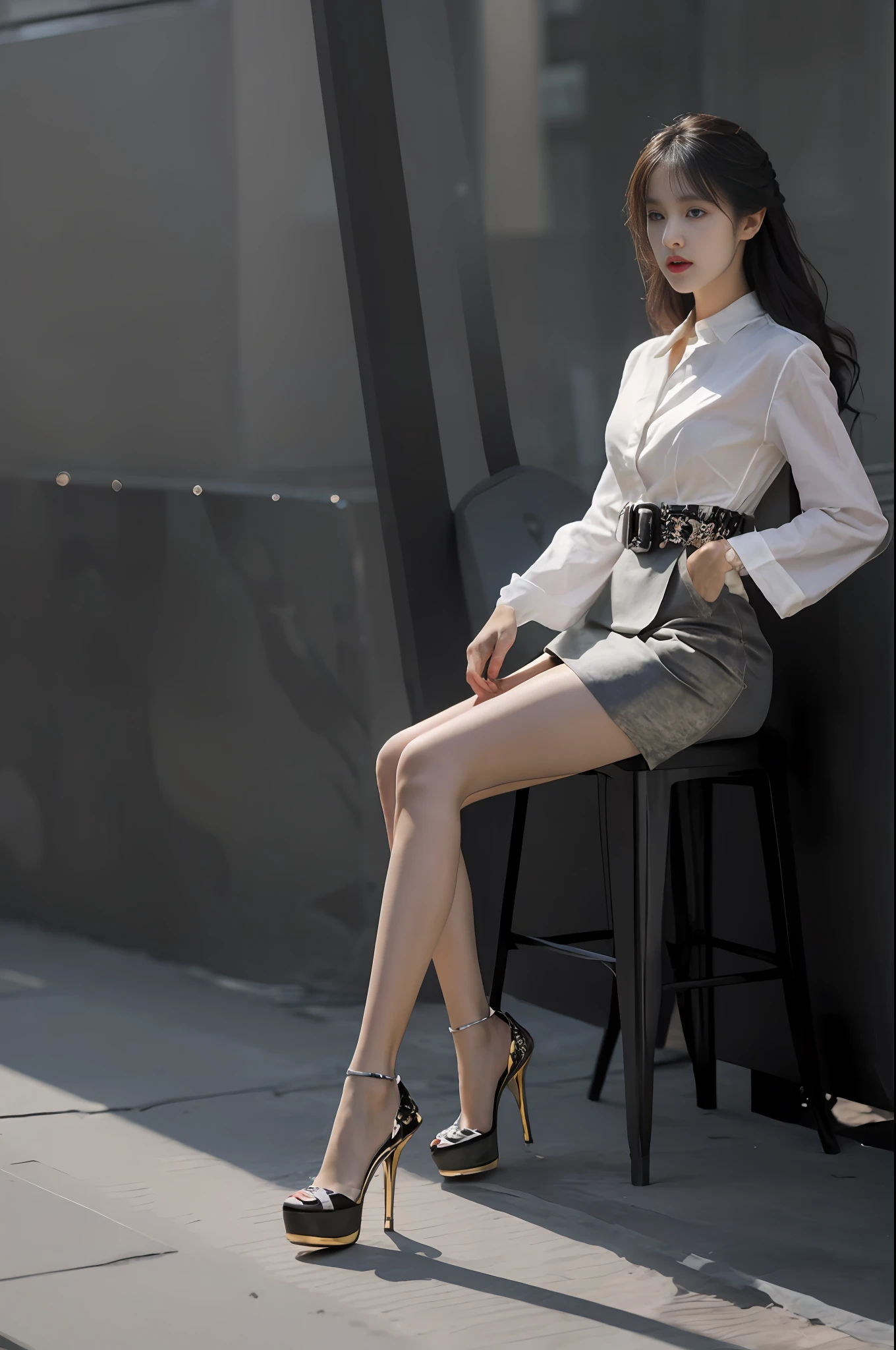 Alabi sat in a chair in a white shirt and black dress, korean women's fashion model, wearing elegant outfits, wearing elegant casual clothes, elegant fashion model, very beautiful long slim legs, elegant girl in urban outfit, high fashion classy, Gorgeous young Korean woman, high - end fashion photoshoot, elegant legs, very beautiful slim legs,Wear silver high heels