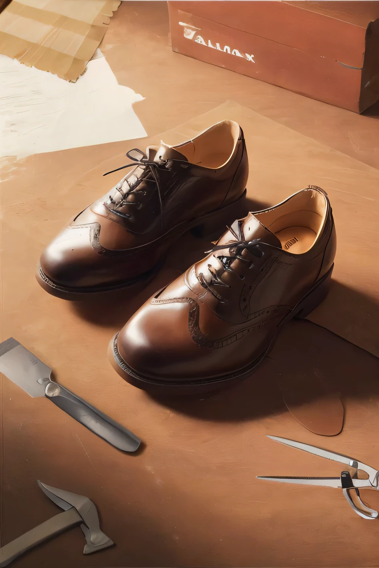 A pair of brown shoes sits on a table，A pair of scissors is held on it, leather shoes, inspired by Salomon by Abbé, advertisement picture, whole shoe is in picture, brown, shoes, Marc, impeccably dressed, personal profile picture, highly polished, george, inspired by Harrington Mann, environmental shot, Harry, Self-restraint, Elaborately crafted --auto