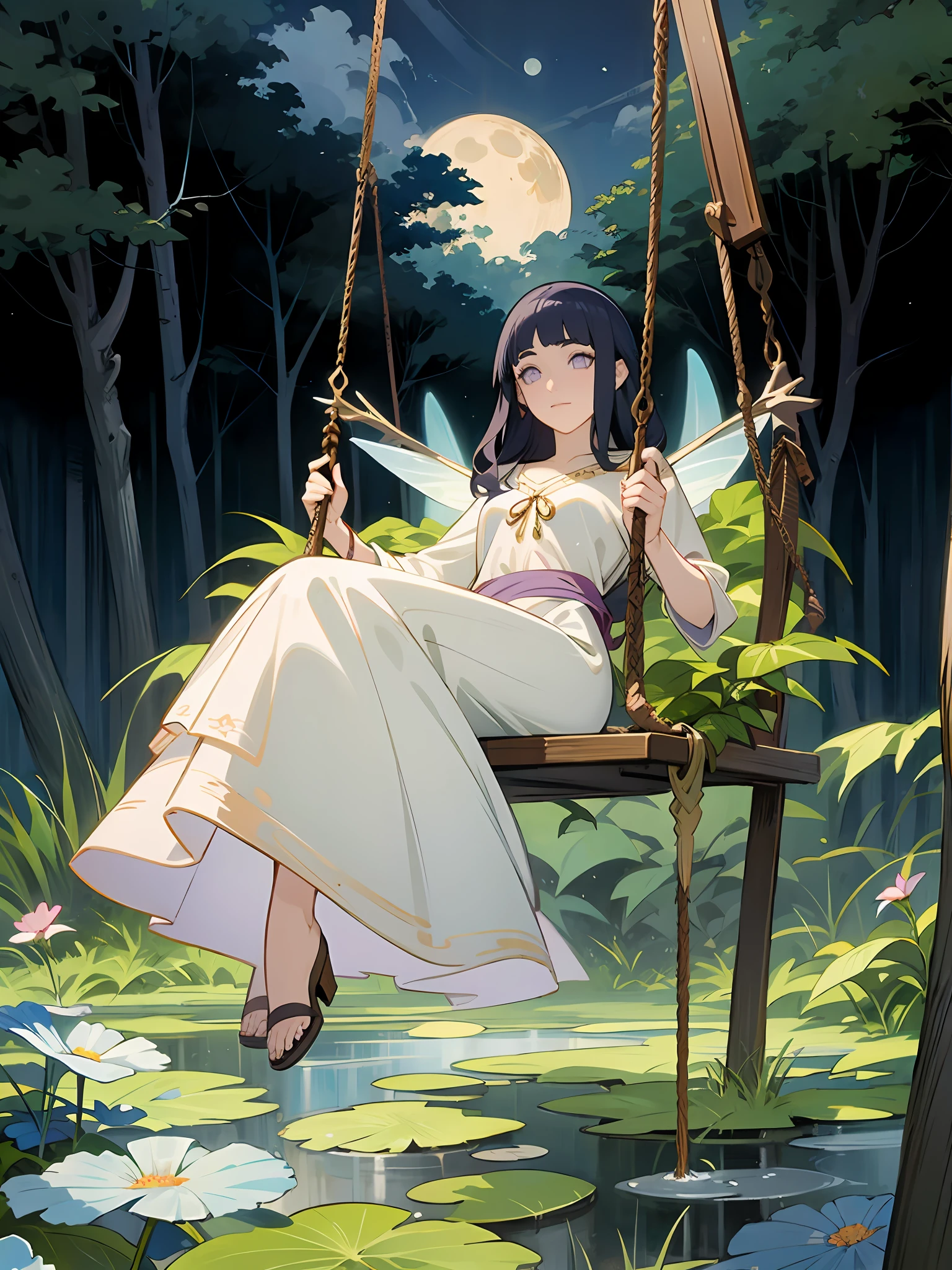there is a woman sitting on a swing in the woods, anime fantasy illustration, goddess of the forest, galadriel, in the art style of bowater, fairy-tale illustration style, fantasy art style, goddess of the moon, goddess of nature, alphonse mucha and rossdraws, official art, fey queen of the summer forest, ethereal anime, blunt bangs, dark blue hair, purple eyes, long hair, wavy hair, flowers