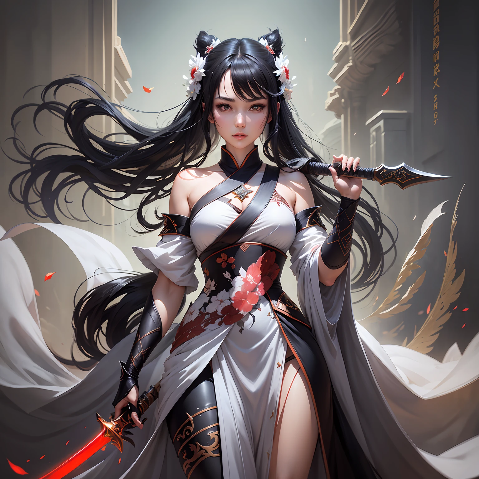 Close-up of a woman in a white dress holding a long sword,Fighting posture,Sharp eyes,figure portrait,The popularity of CGsociety,Fantasyart,beautiful character painting,Guviz-style artwork,Guvitz,White-gray Hanfu,flowing white robe,full-body wuxia,epic exquisite character art,stunning character art,beautiful female assassin,Black background --auto