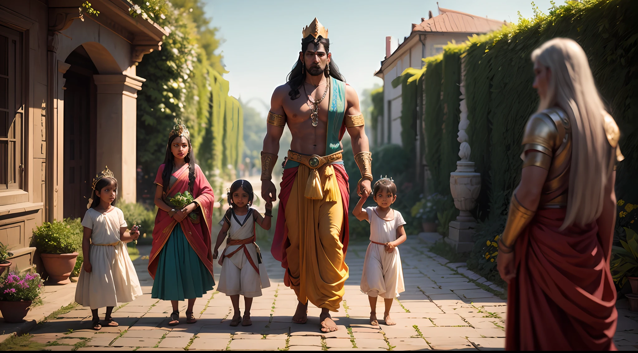 Shiva the indian god , 8k ultra realistic , king and kids in a garden , king there stand in ground and show his crown for kids , crown , king show his crown