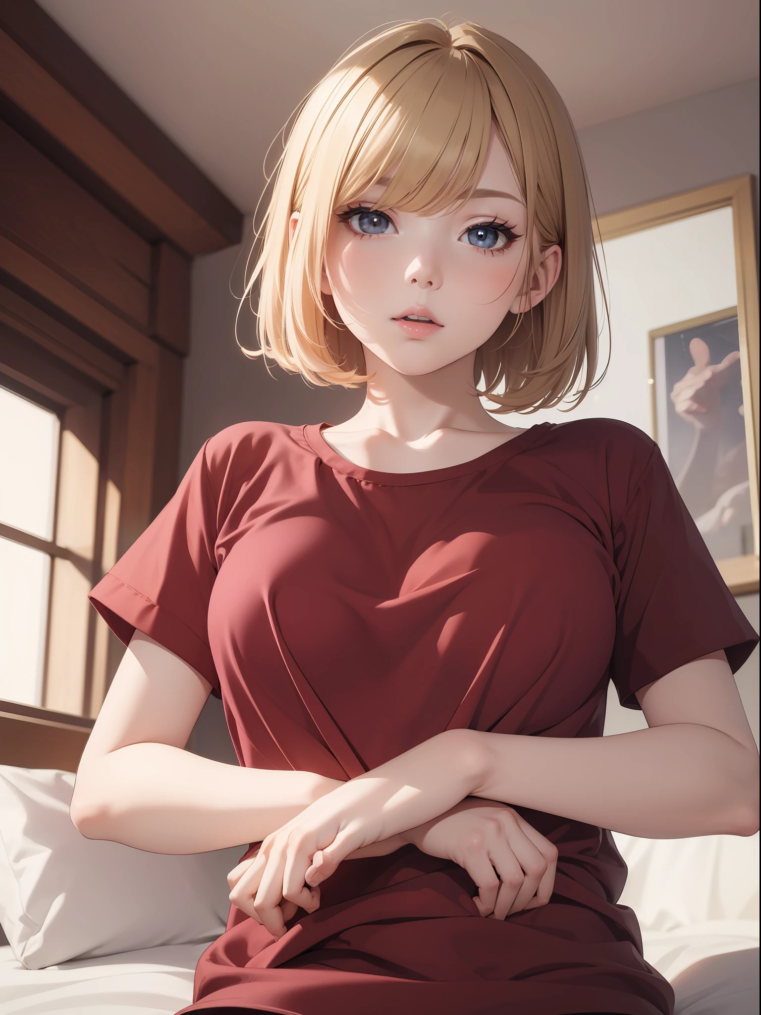 (masterpiece, top quality, absurdity: 1.3), illustration, medium bob, (subjective hands), grabbing breasts, cute girl, close-up, upper body, short hair, loose red shirt, bed,
