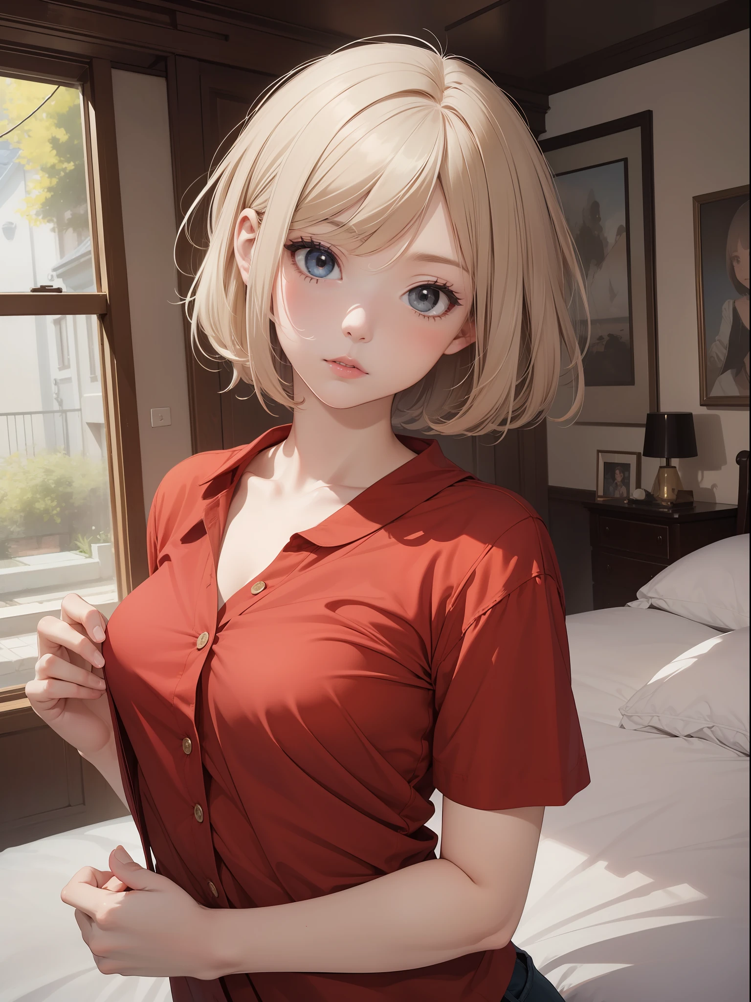 (masterpiece, top quality, absurdity: 1.3), illustration, medium bob, (subjective hands), grabbing breasts, cute girl, close-up, upper body, short hair, loose red shirt, bed,