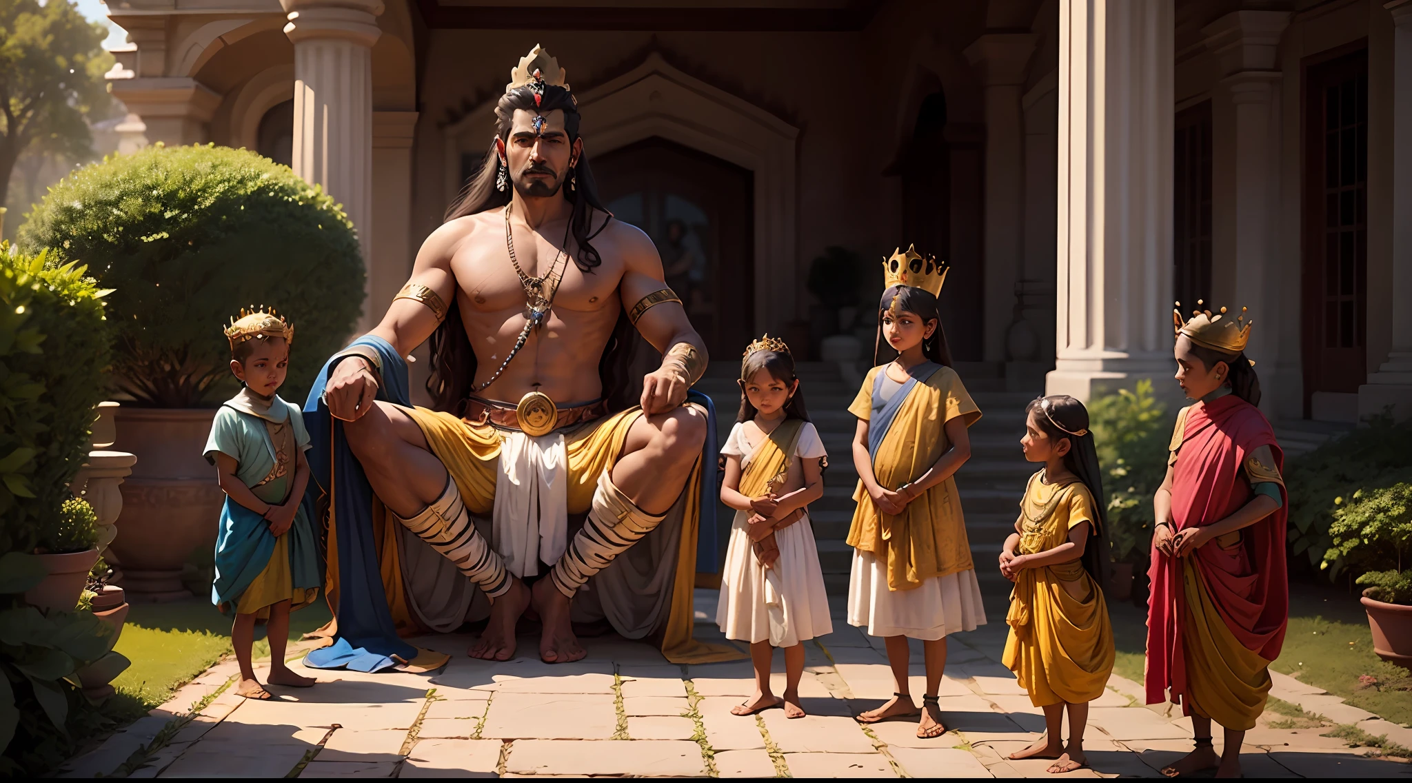 Shiva the indian god , 8k ultra realistic , king and kids in a garden  , king there stand in ground and show his crown for kids , crown , king show his crown