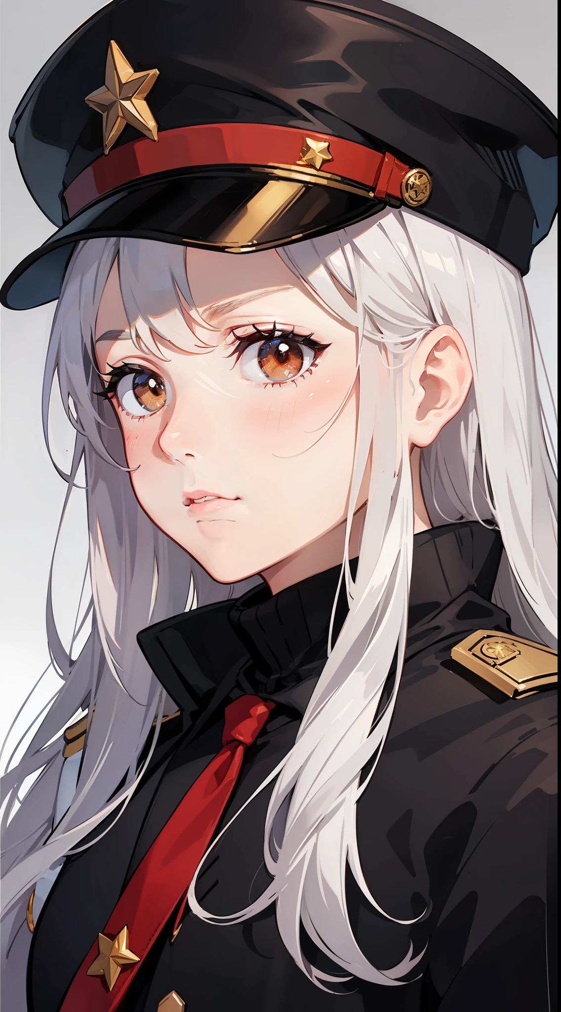 Brown military uniform，Condescending，disdain，long  white hair，Red Star hat