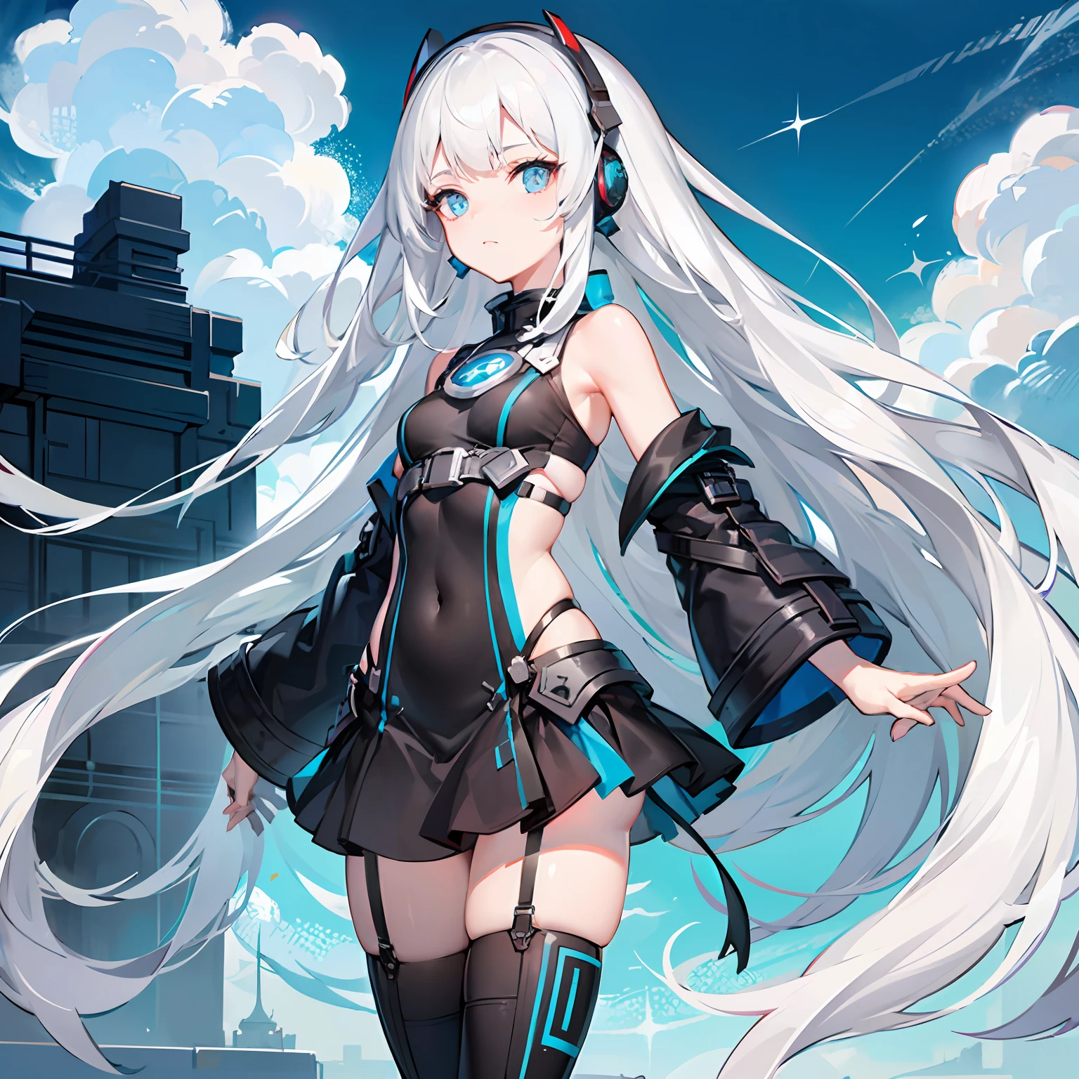 White hair, Sparkle, Masterpiece, Anatomically correct, High quality, Best quality, Highly detailed facial detail，Kizi（standing at）In the city，（From the side Side，medium to long shot），Kizi，the lora，Earphone，（（（​​clouds：0.3），multiple_Luna，（Floating_Fortress Technical Machinery），night sky background）），（cyber punk perssonage）