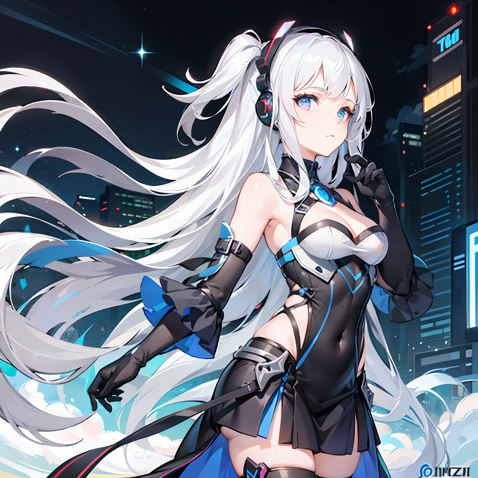 White hair, Sparkle, Masterpiece, Anatomically correct, High quality, Best quality, Highly detailed facial detail，Kizi（standing at）In the city，（From the side Side，medium to long shot），Kizi，the lora，Earphone，（（（​​clouds：0.3），multiple_Luna，（Floating_Fortress Technical Machinery），night sky background）），（cyber punk perssonage）