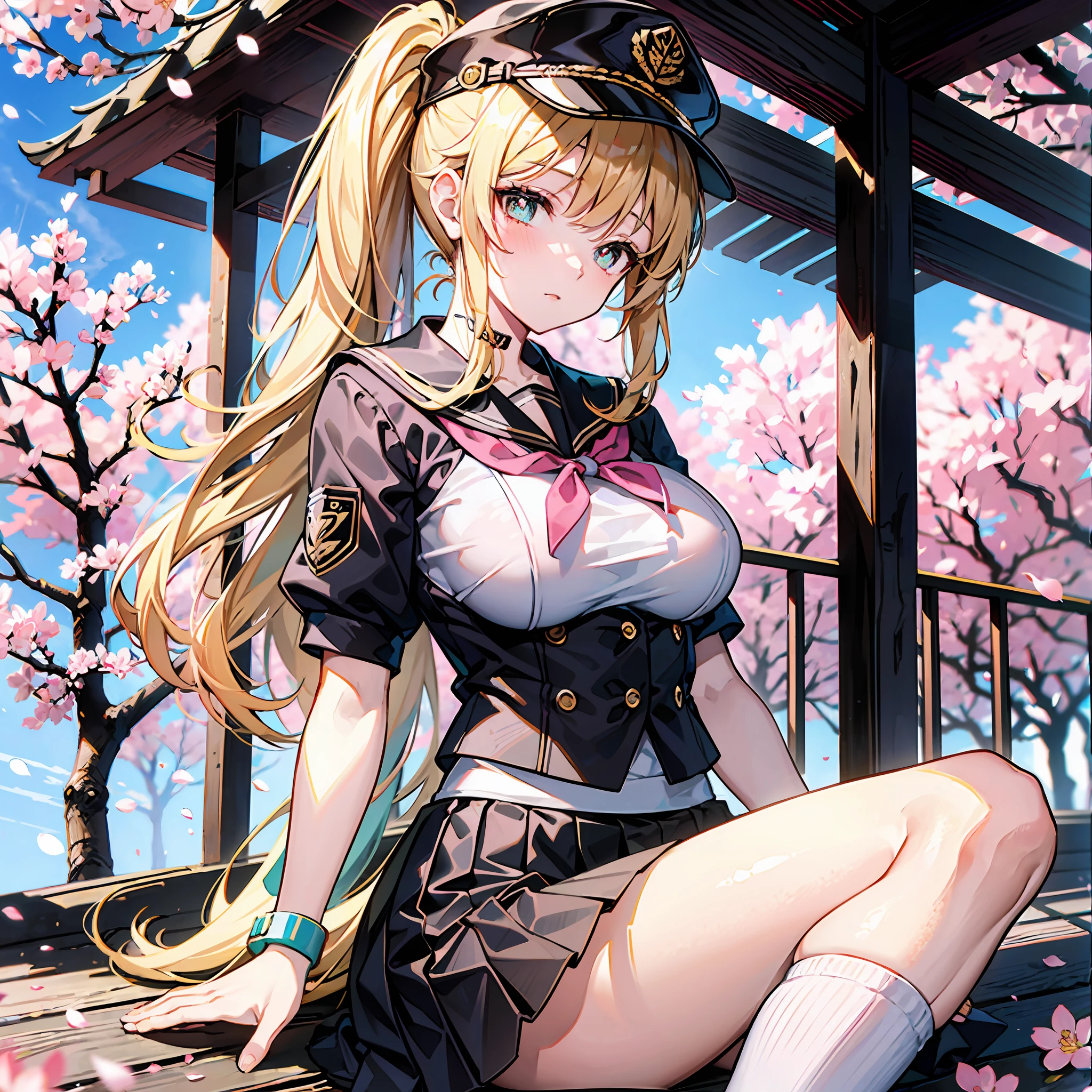 A high resolution,best qualtiy,the detail,8K quality,JK school uniform,Wear a cap,High ponytail,Golden hair,fully body photo,Sassy and heroic,Golden pupils,long whitr hair,athletic sneakers,Wear black stockings,slightly fat big breasts,Slender legs,Wear armbands,Under the cherry blossom trees,Japanese style,Tsundere,Wind Discipline Commissioner,B cup,Take the cartoon,Sister,Ice clear and jade,Beautiful girl for high school students