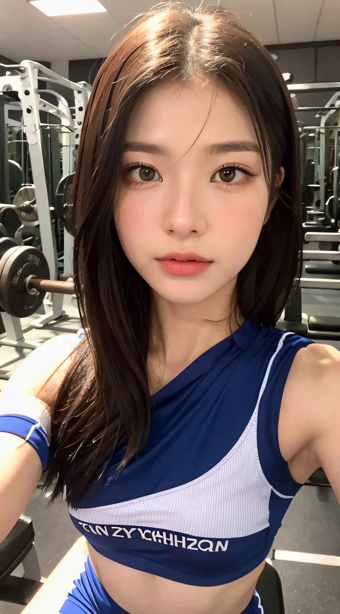 (yinchuan:1.5),, masterpiece, top-quality, Raw foto, Photorealsitic, large full breasts、beautiful and flawless face, Soft smile、20 years girl、Colossal tits、training gym、Weight training、Muscle training、trainingwear、Navel exposed training clothes middle hair、depth of fields, hight resolution, ultra-detailliert, finely detail, ighly detailed, extremely detailed eye and face, Sharp pupils,