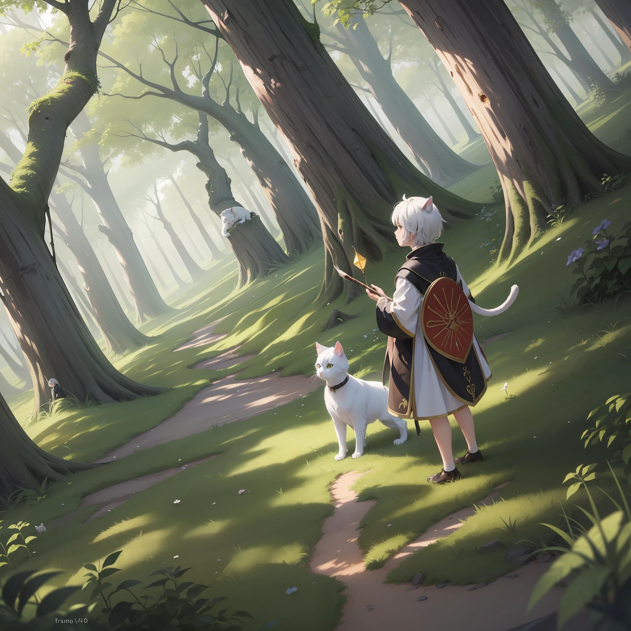Tree-lined forest, dreamlike perspective, high-angle, A glowing white-haired boy and a cat standing on a branch,
Minimalism, Vast greenery, animation art style, palette
bright, oshare kei, dark white and amber, Loose brush
stroke, Dark green and light red, fairy air, precision
image, Traincore, Hallyu - AR4:3