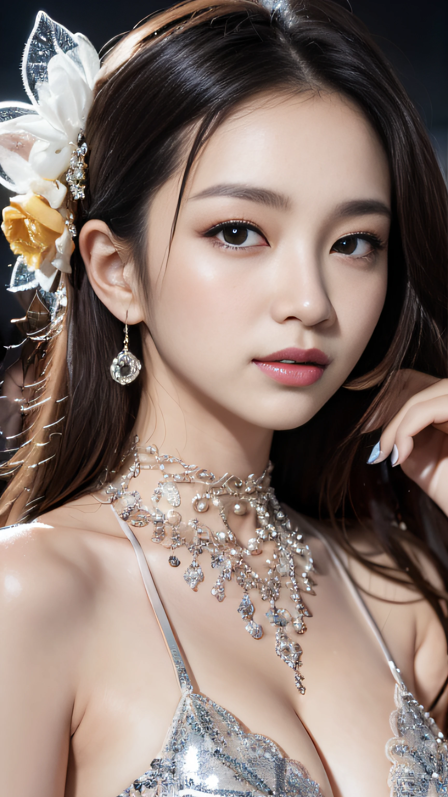 a woman with a clear face is covered with different kinds of things, in the style of cracked, hyper-realistic water, pop inspo, fairycore, dark beige and silver, playfully intricate, sleek --ar 135:164 --niji 5 --style expressive
