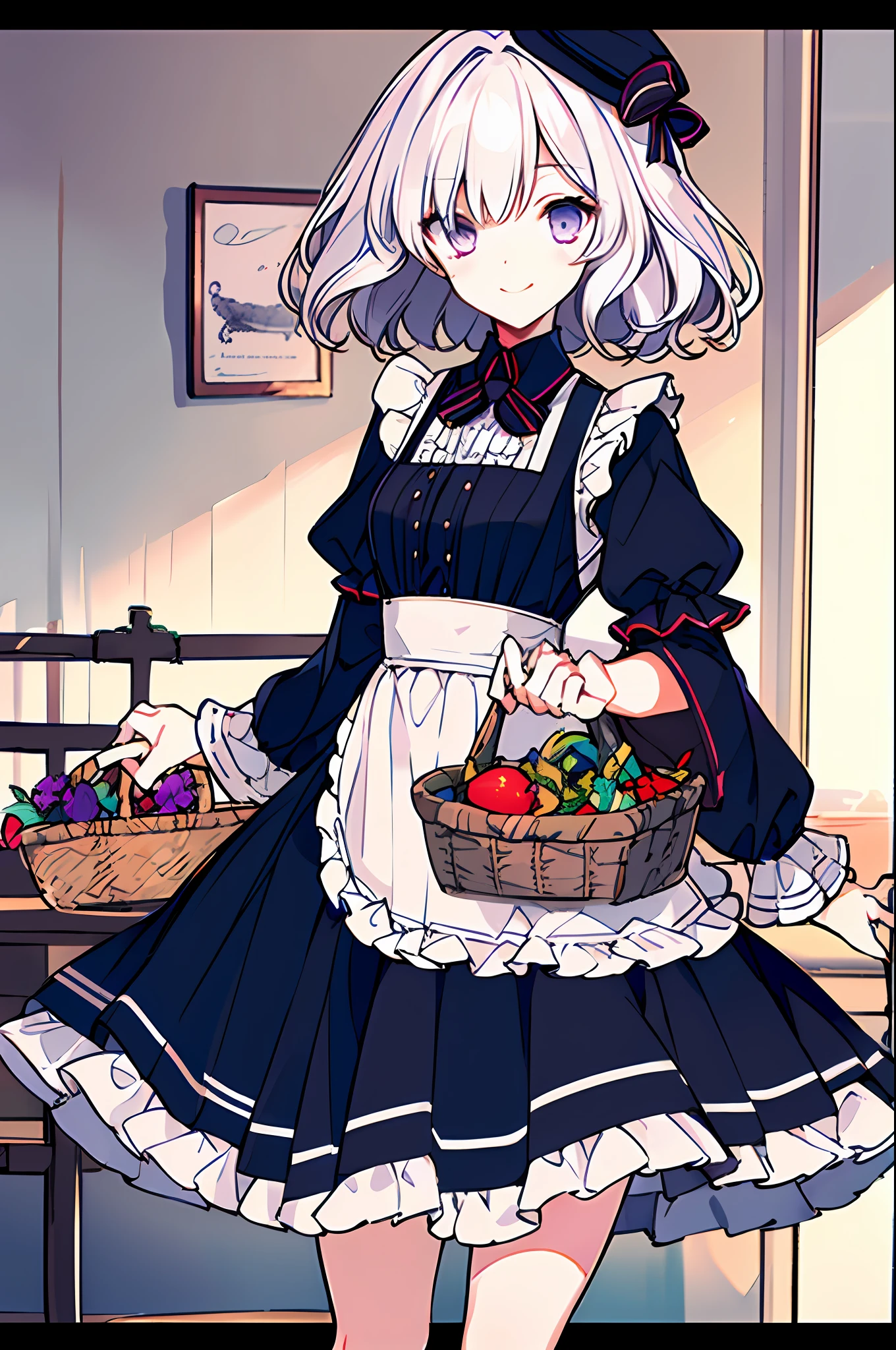 a garter belt, aprons, hair on one eye,  Multiple girls, basket，view the viewer, upper legs, Long sleeves, , Hat, Jk, curlies,  2girls, Purple eyes, Breasts, letterboxed, frilld, Closed mouth, Cross, Smile, Black dress, Short hair, whaite hair, Puffy sleeves, bangs,,flower, solofocus, Juliet sleeves, ribbon, White hair, Purple hair, jewelry, 1boy, holding basket, french braid