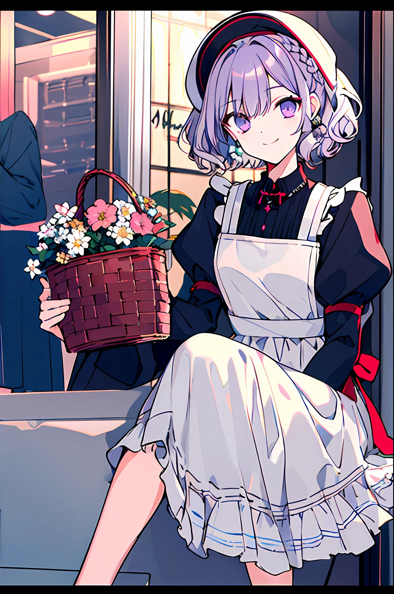 a garter belt, aprons, hair on one eye,  Multiple girls, basket，view the viewer, upper legs, Long sleeves, , Hat, Jk, curlies,  2girls, Purple eyes, Breasts, letterboxed, frilld, Closed mouth, Cross, Smile, Black dress, Short hair, whaite hair, Puffy sleeves, bangs,,flower, solofocus, Juliet sleeves, ribbon, White hair, Purple hair, jewelry, 1boy, holding basket, french braid