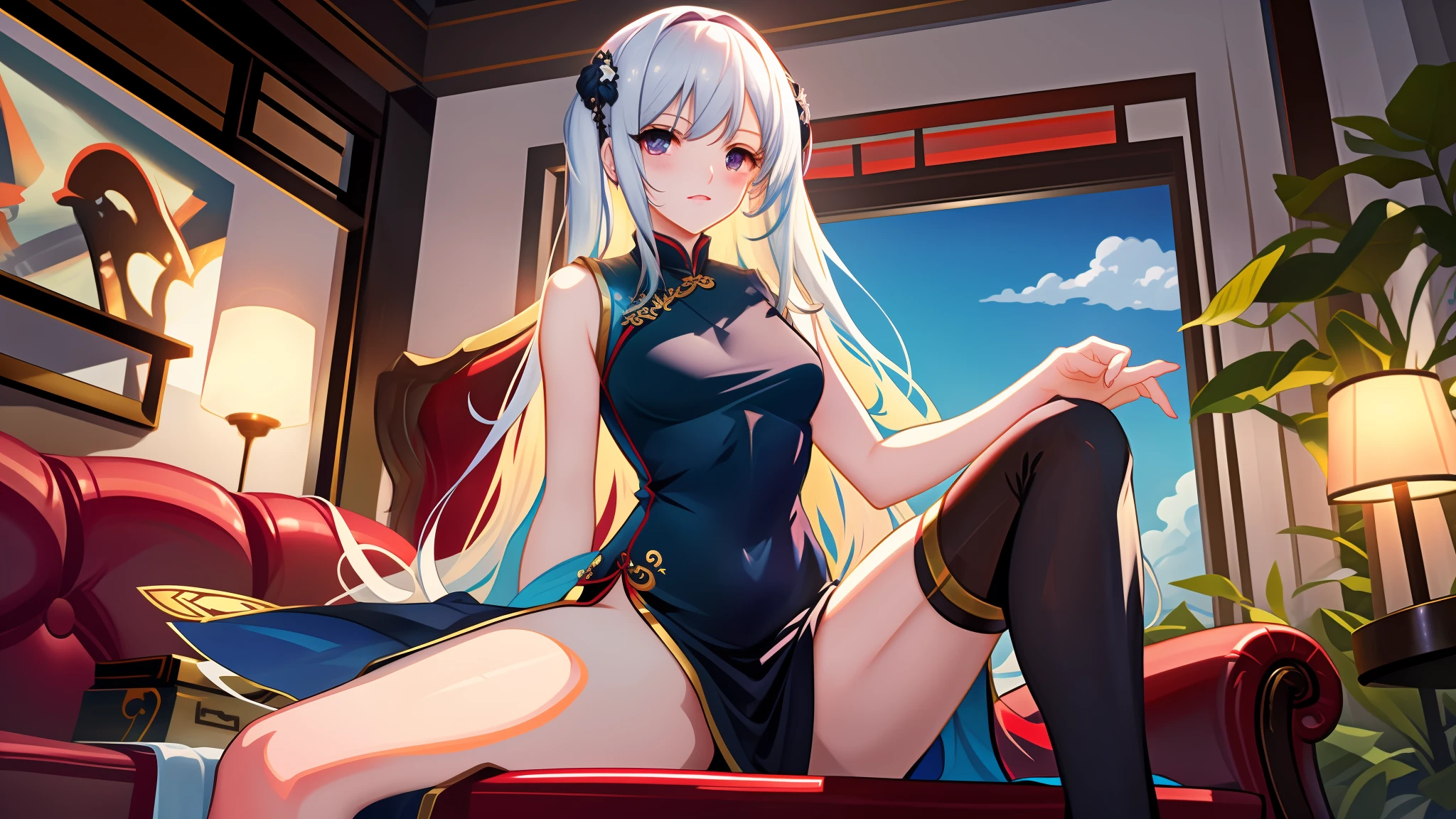 Onmyoji goddess，Red dress，Holding a lute，Big eyes and gray hair，Exquisite Onmyoji art，Pubic area is clear《White Night Aurora》sportrait，A sense of mystery，Bipolar world，《White Night Aurora》Showcasing the charm of Ayaka's game。