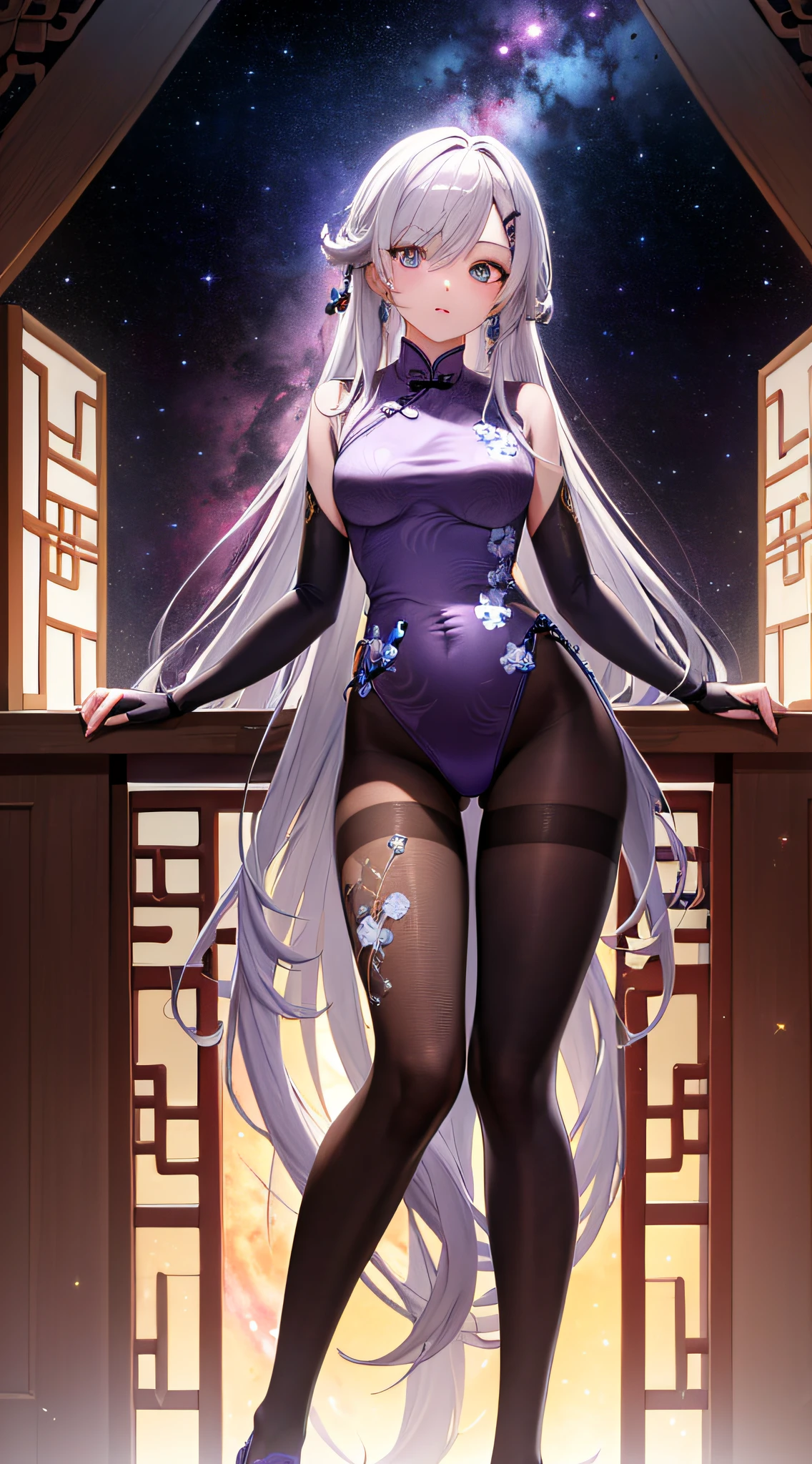 Masterpiece, Anatomically correct, Super detail, High Quality, Highres, Ccurate, 8K, 1 girl, purple pupils, (((ancient China)), translucent skin, (translucent light purple with black tights), mechanical, cinematic HD lens, galaxy, nebula, universe|cosmos, facial details
