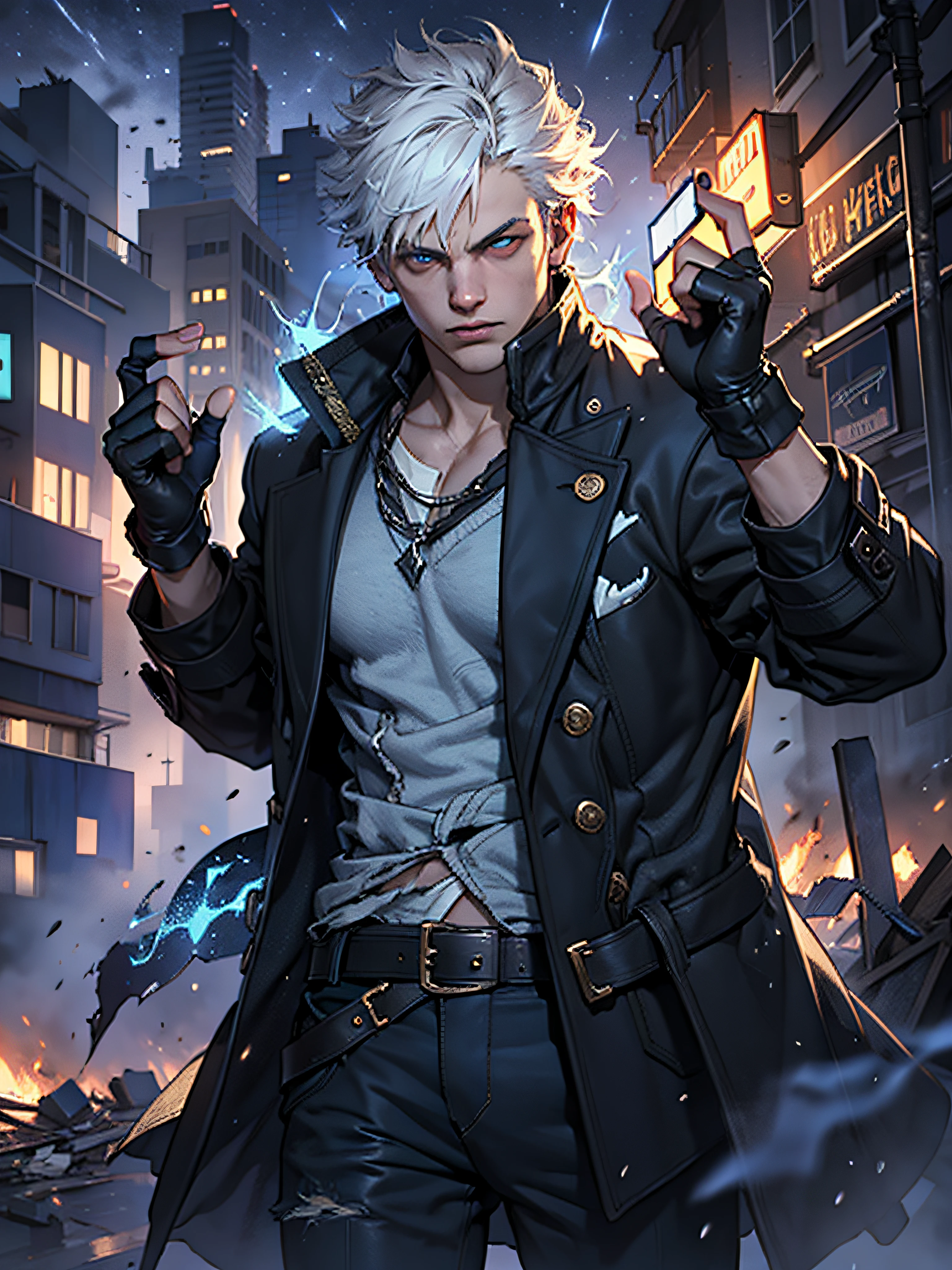 (masterpiece, best quality:1.2), 1boy, dante, white hair, open clothes, coat, fingerless gloves, belt, city, detailed eyes, destroyed buildings, destruction, (night:1.4), natural lighting, cinematic, epic, Battle pose, surrounded by blue fire, wallpaper 4k, highest quality digital art, Stunning art,8k,64k, HD, unparalleled masterpiece, dynamic lighting, cinematic, epic