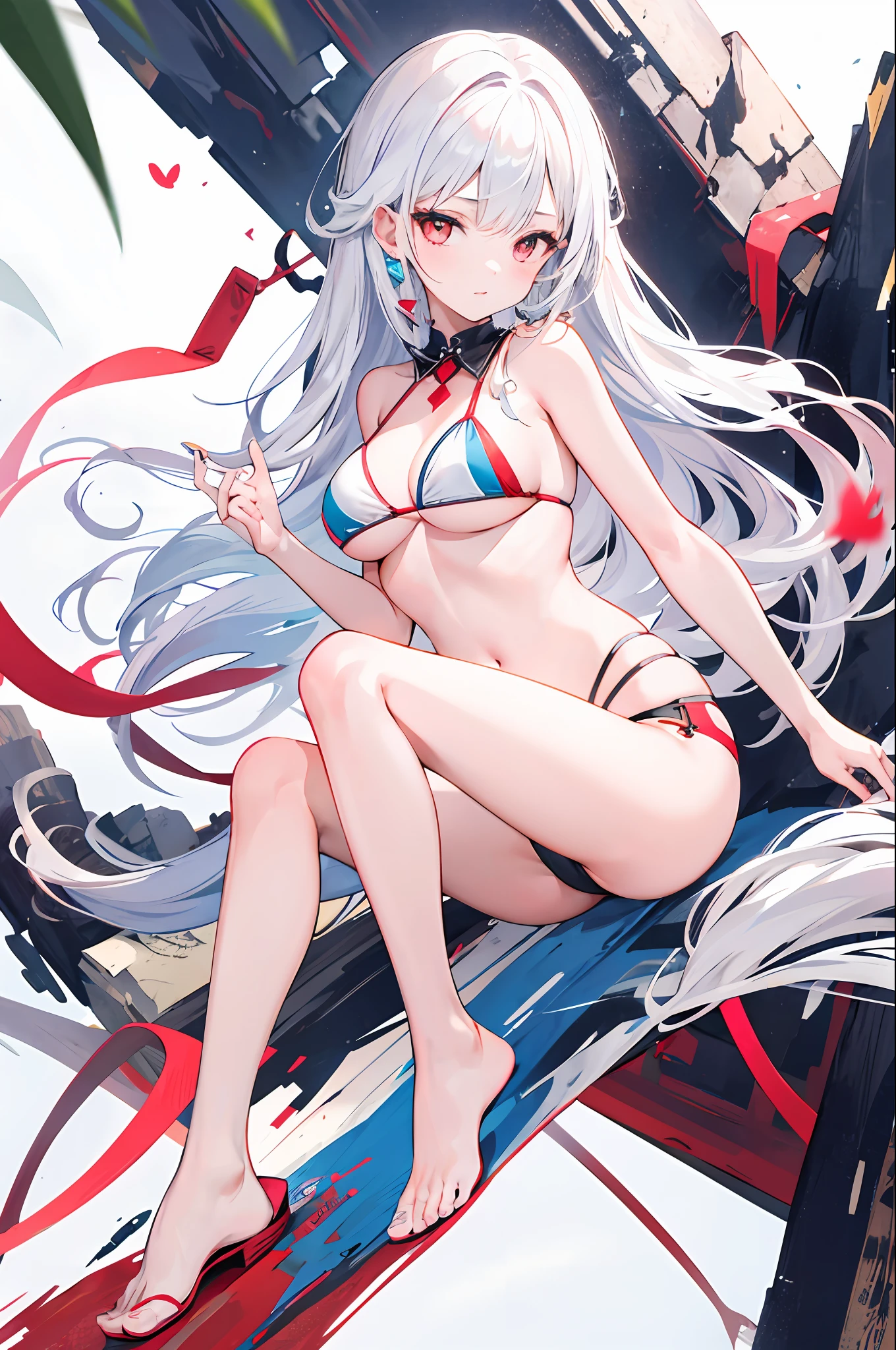 s girl,adolable,Beth,White color hair,red color eyes,(Two legs)(Two arms)(Bikini swimwear)
