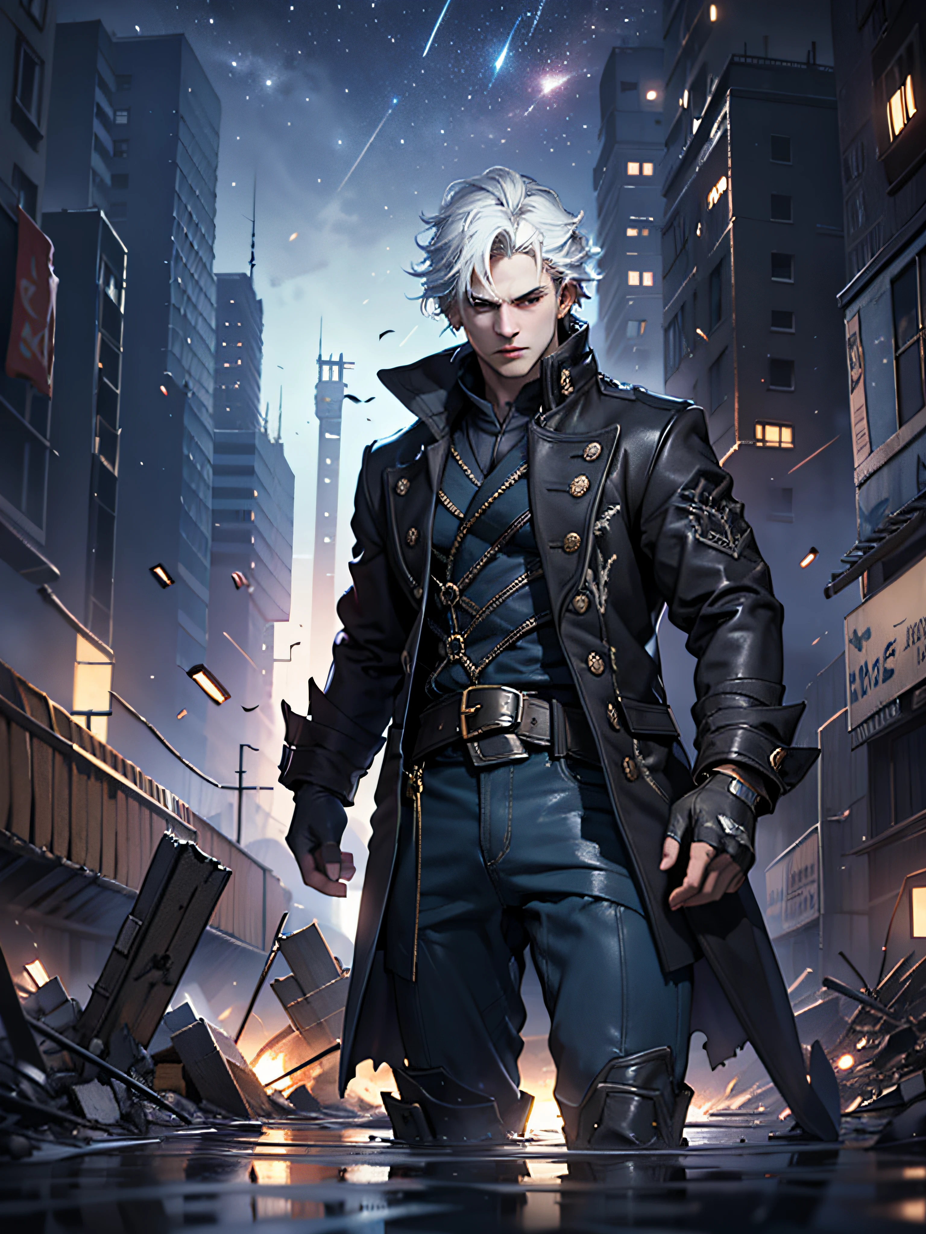 (masterpiece, best quality:1.2), 1boy, dante, white hair, open clothes, coat, fingerless gloves, belt, city, detailed eyes, destroyed buildings, destruction, (night:1.4), natural lighting, cinematic, epic, Battle pose, surrounded by blue fire, wallpaper 4k, highest quality digital art, Stunning art,8k,64k, HD, unparalleled masterpiece, dynamic lighting, cinematic, epic