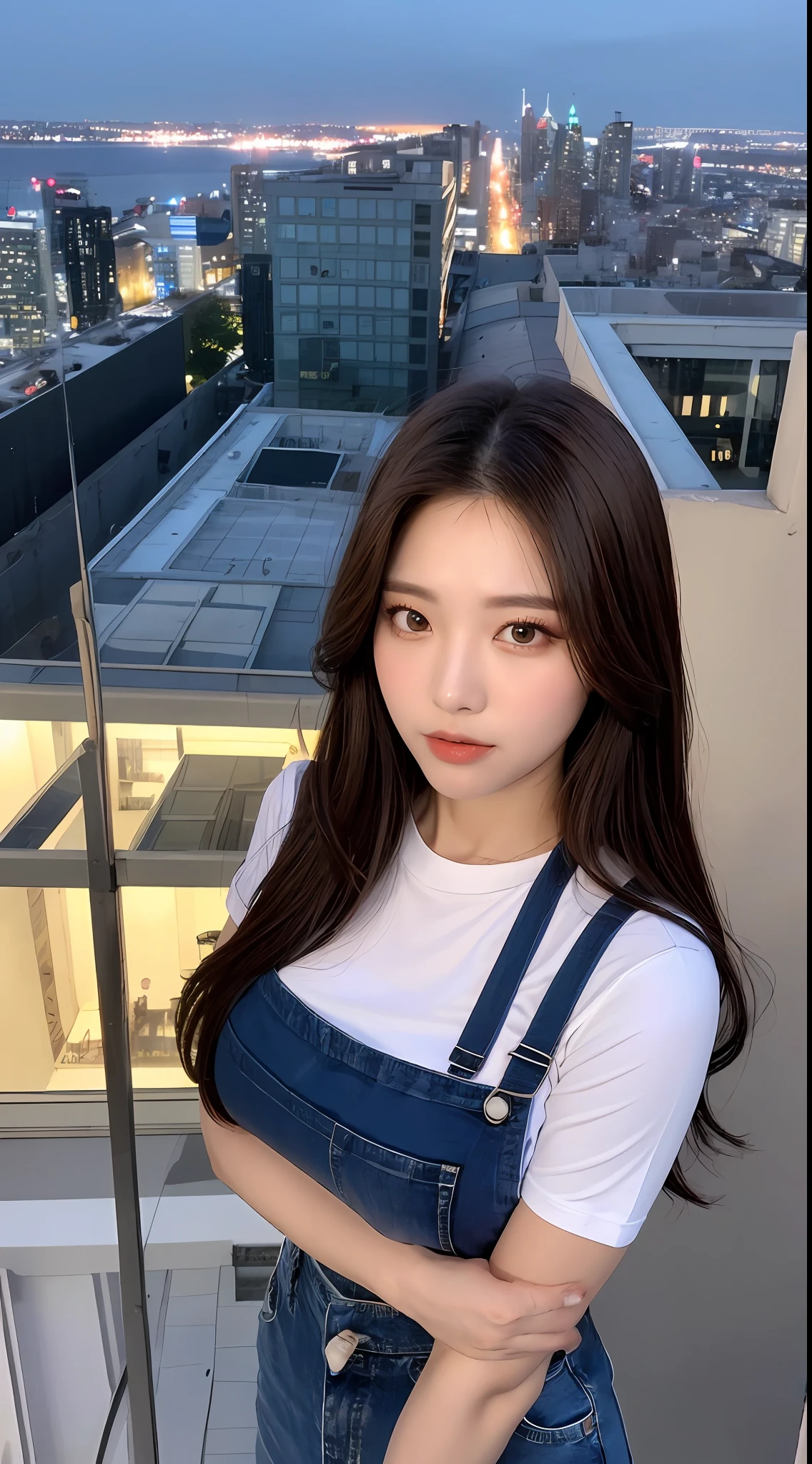 ((Midnight, Best quality, 8k, Masterpiece :1.3)), Whole body, Long legs, Sharp focus :1.2, A pretty woman with perfect figure :1.4, Slender abs :1.1, ((Dark brown hair, Big breasts :1.2)), (White tight tshirt, Jean bib, Standing:1.2), ((Night city view, Rooftop:1.3)), Highly detailed face and skin texture, Detailed eyes, Double eyelid