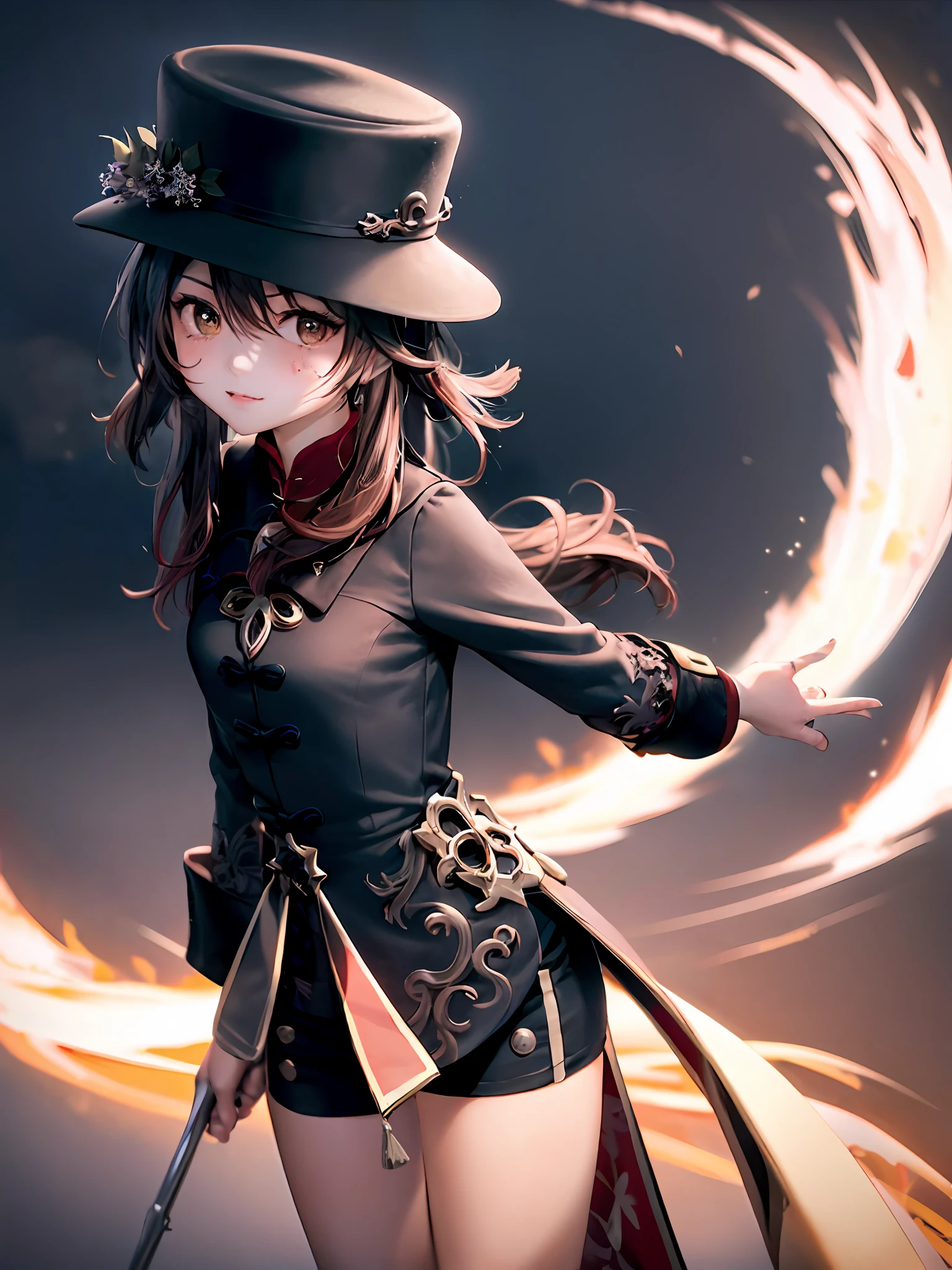 1girll, Single person，Loli， (巨作:1.1), (Best quality:1.1),  Break [Blue:peach red:0.5] Theme, Cowboy shot,Cinematic light， (full bodyesbian:1.2)，Exquisite facial features，perfect hand，wearing hat，standing on your feet，outside