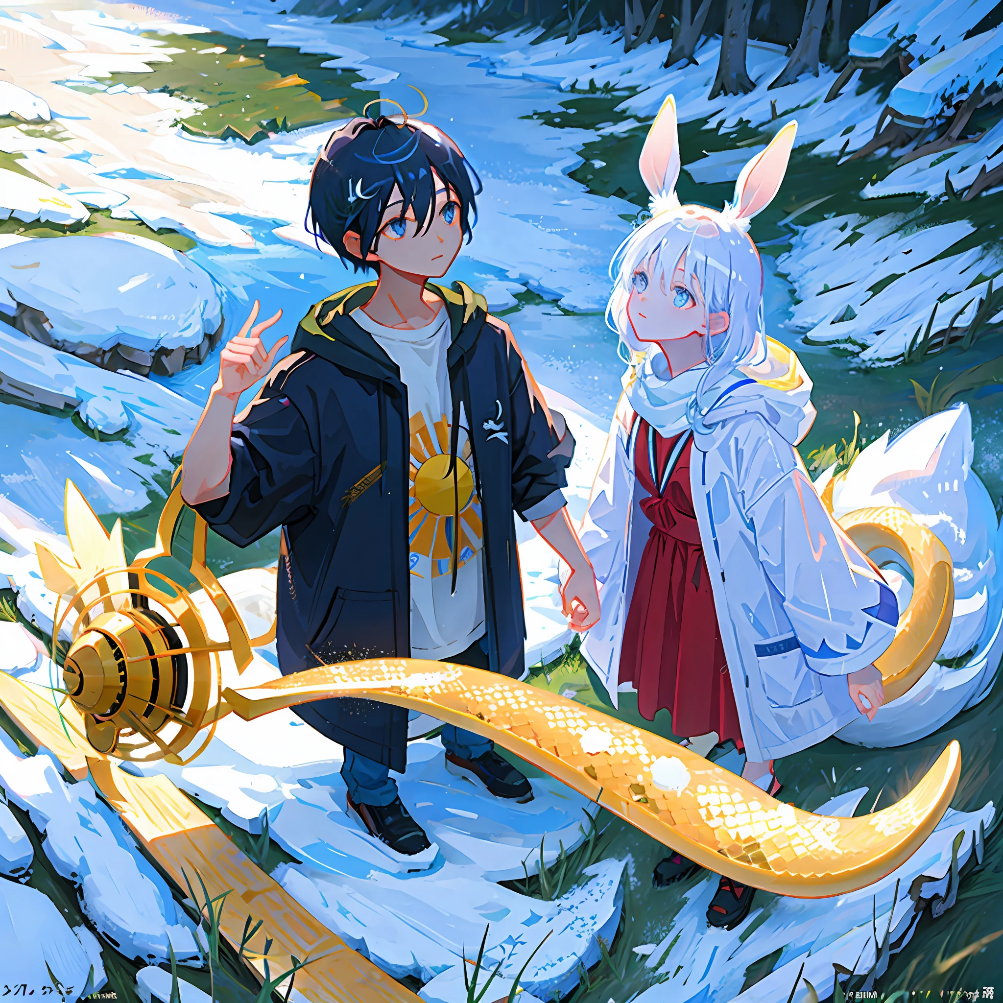 Midday sun,Kiki Mori Aoshi,The snow-white rabbit folds its ears and looks up at the black-scaled python,Grassy streams,Light filaments shine through the leaves