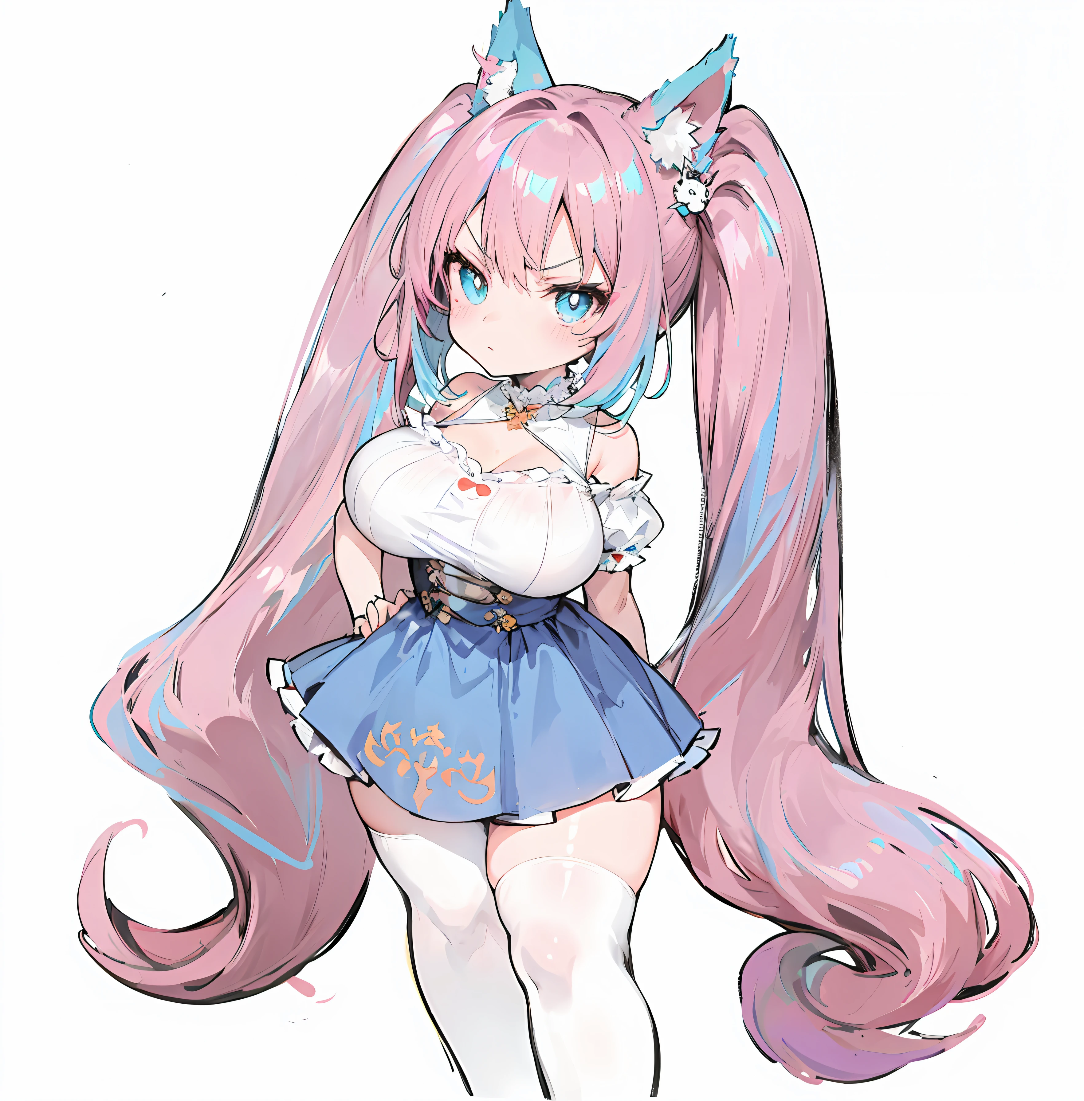 ((Anime waifu)), (Anime moe art style)long leges, (A slightly angry expression), long hair with maroon, (double tails), Cat ears, Cute strangler over the knee socks, (Busty childlike), (white dresses:1.3+leg loops), (cyan eyes:0.9+Pink double-tailed hair:1.1)。Childlike big breasts,Exposes the at the base of the thigh,Crossed waist with one hand,Slightly angry