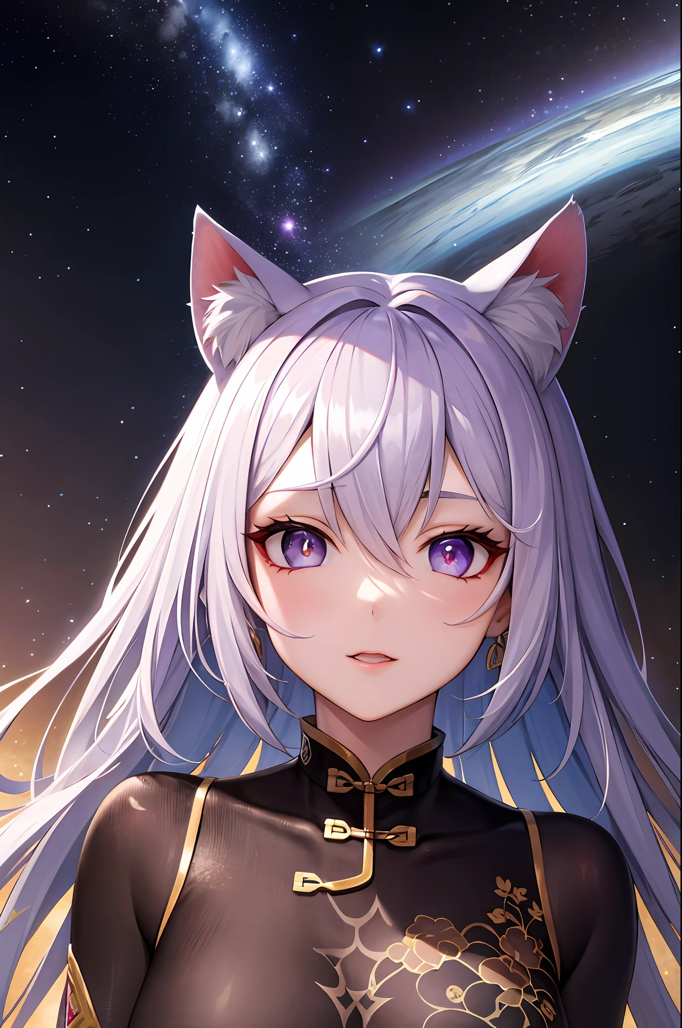 masterpiece, anatomically correct, super detail, high quality, highres, ccurate, 8k, 1女孩,Purple pupil,Cat Ear,((Ancient Chinese cheongsam)), Translucent skin,(Translucent light purple with black tights), Machinery, Cinematic HD lenses,galaxy,universe,detailedbackground,Face Details