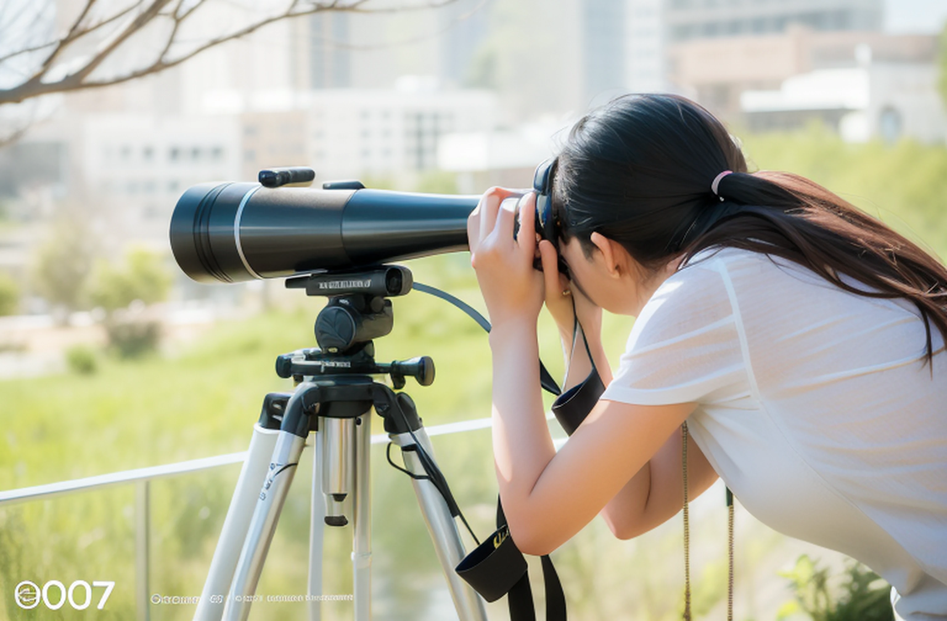 The woman looks through a telescope，The background is a city, big monocular, Telephoto photography, telephoto zoom, is looking at a bird, Telescope, Telephoto long-distance shooting, Single eyes, binoculars, 2 0 0 mm telephoto, 8 0 mm photography, 200mm wide shot, 2 0 0 mm wide shot, Observation deck, bird's eyes view