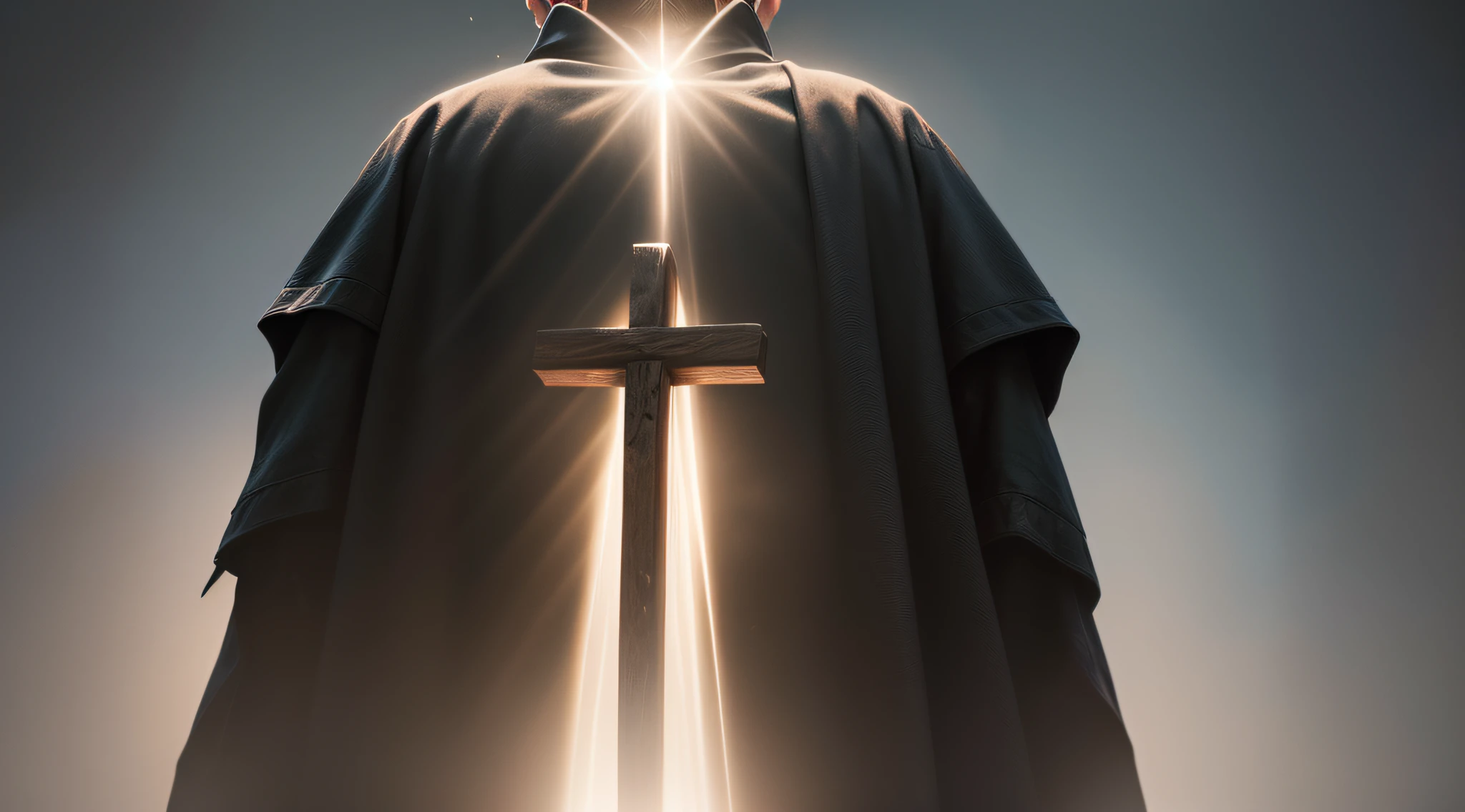 Black robe，follower，crosses，mistic，darkly，A ray of light，Hyper-realistic，The upper part of the body，young  male，Cinematic quality --auto