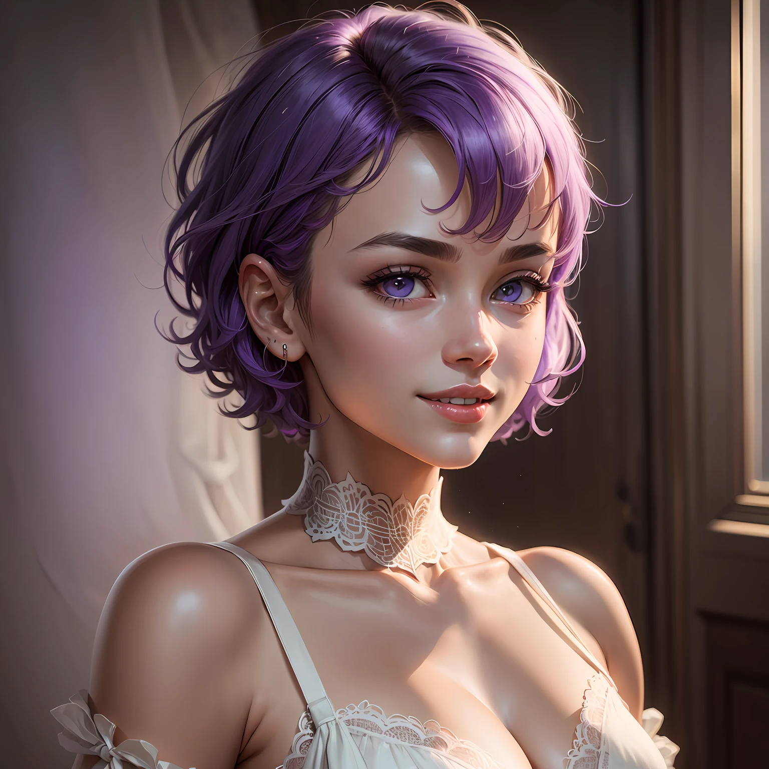 dual horsetail,purpleish color,short detailed hair,roll eyes,Saliva drawing,Be red in the face,1girll,white ,Masterpiece,realisticlying --auto