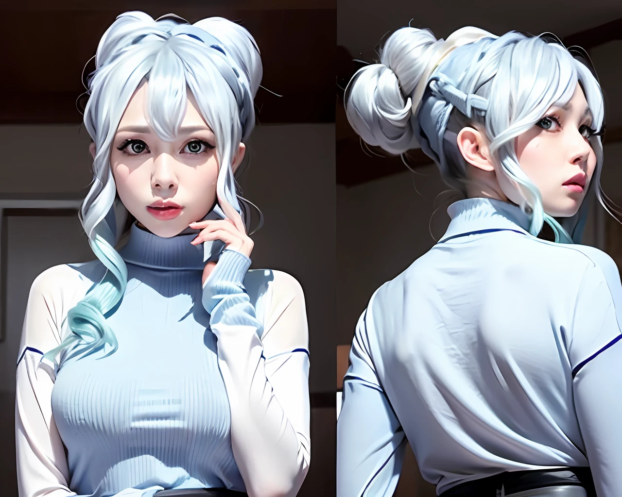silber hair,Heteropupil,High ponytail,Cross your hands at the waist,Pout
