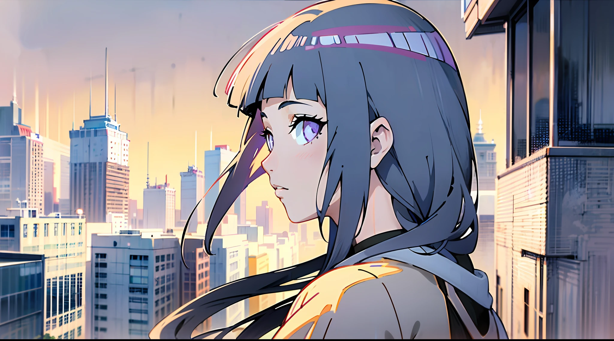 anime girl with long hair and purple eyes looking at the city, anime style 4 k, anime art wallpaper 4k, anime art wallpaper 4 k, anime wallpaper 4 k, anime wallpaper 4k, anime visual of a cute girl, beautiful anime portrait, profile of anime girl, 4k anime wallpaper, girl with dark blue hair, anime art wallpaper 8 k, blunt bangs